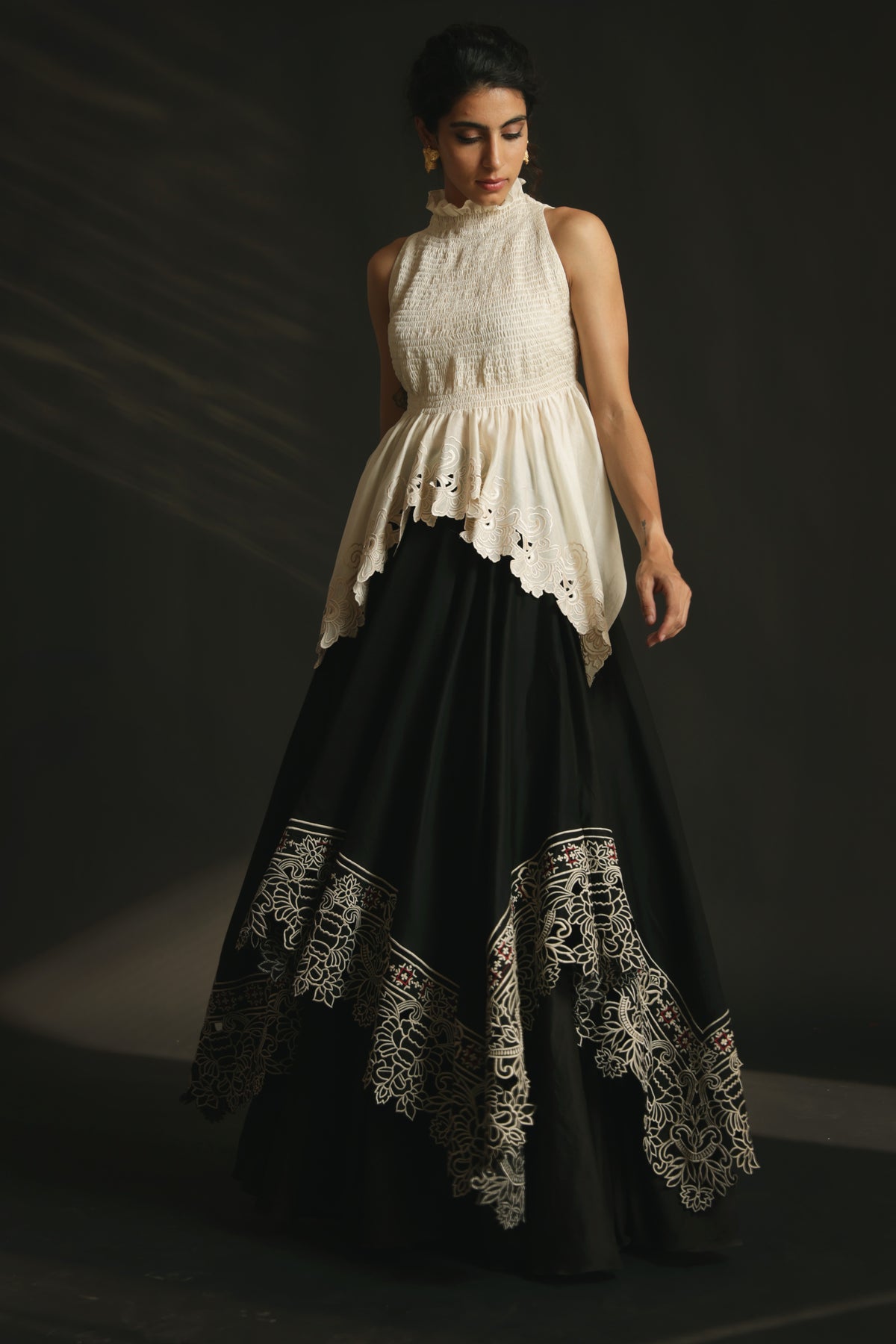 Black asymmetric layered  lehenga