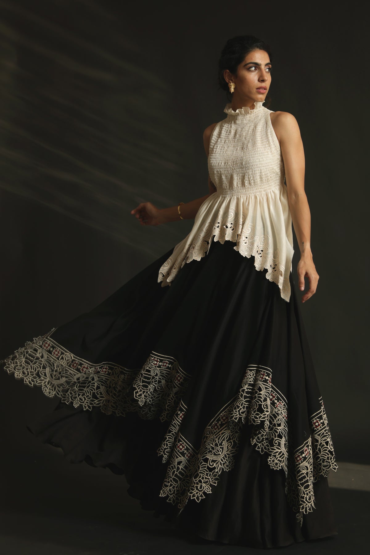 Black asymmetric layered  lehenga