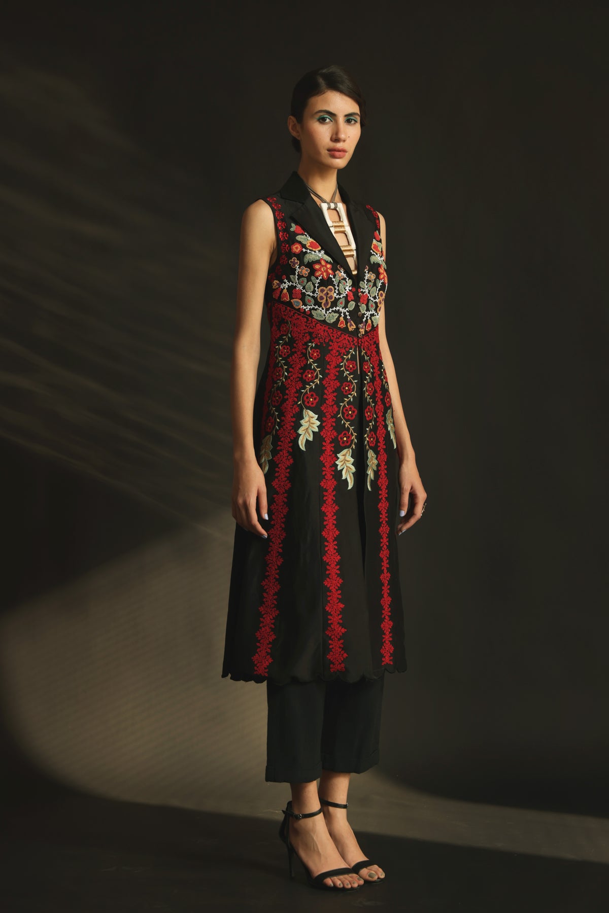 Black chanderi embroidered flared jacket