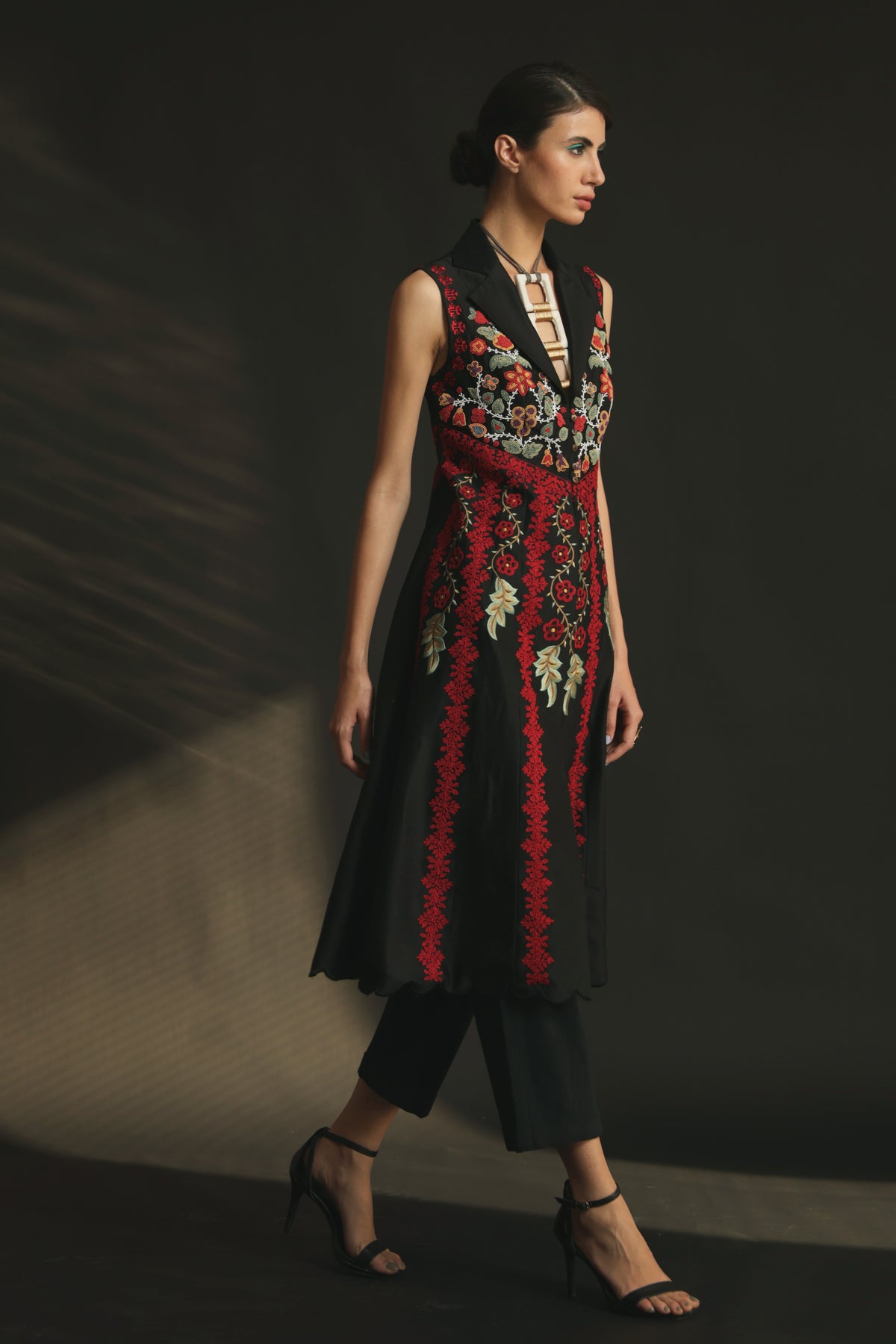 Black chanderi embroidered flared jacket