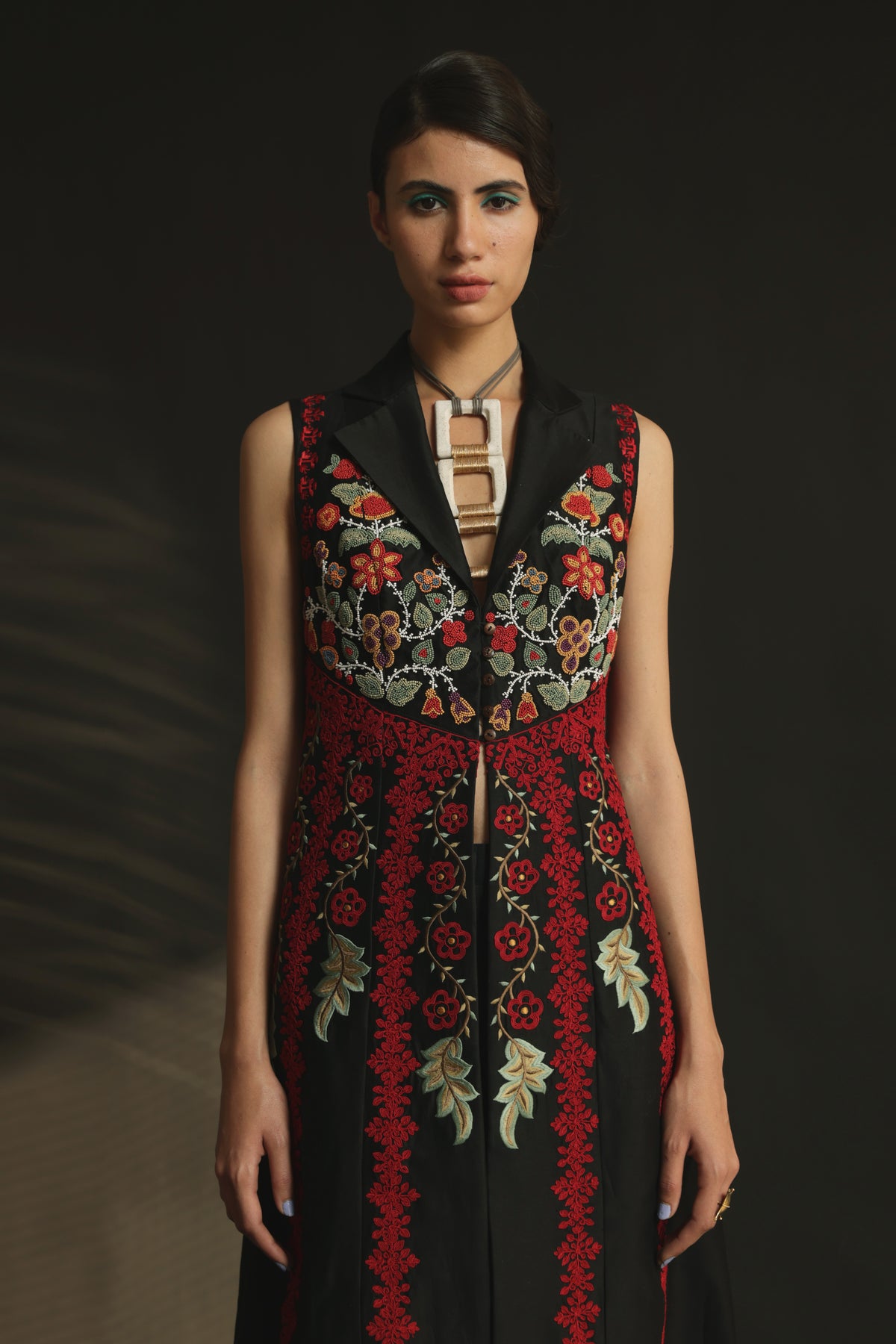 Black chanderi embroidered flared jacket