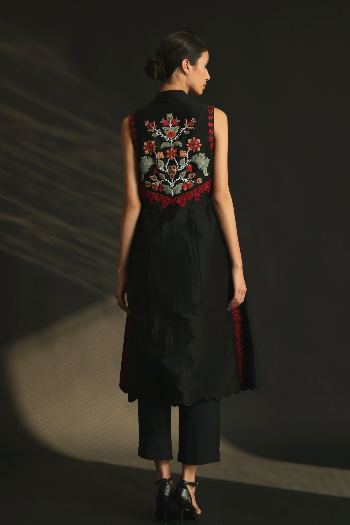 Black chanderi embroidered flared jacket