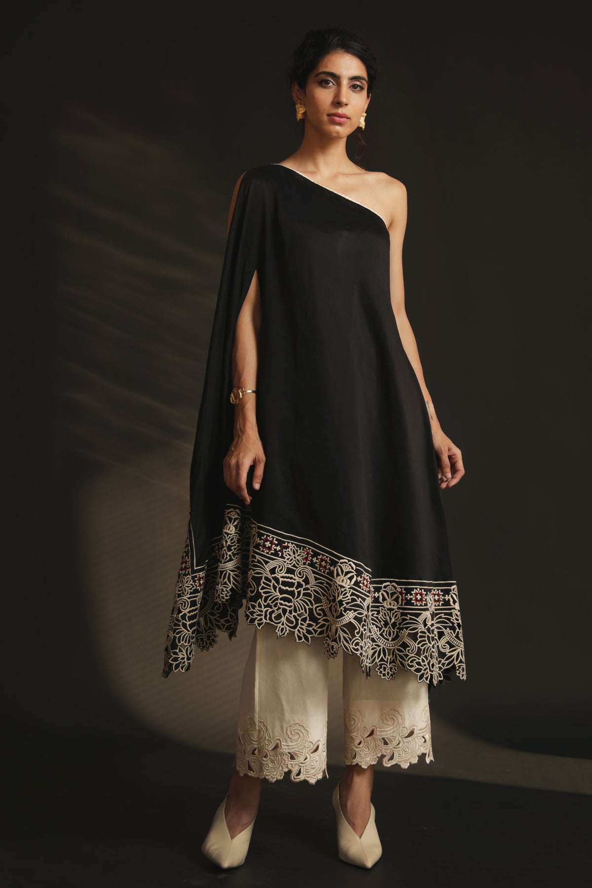 Black off shoulder asymmetric kurta