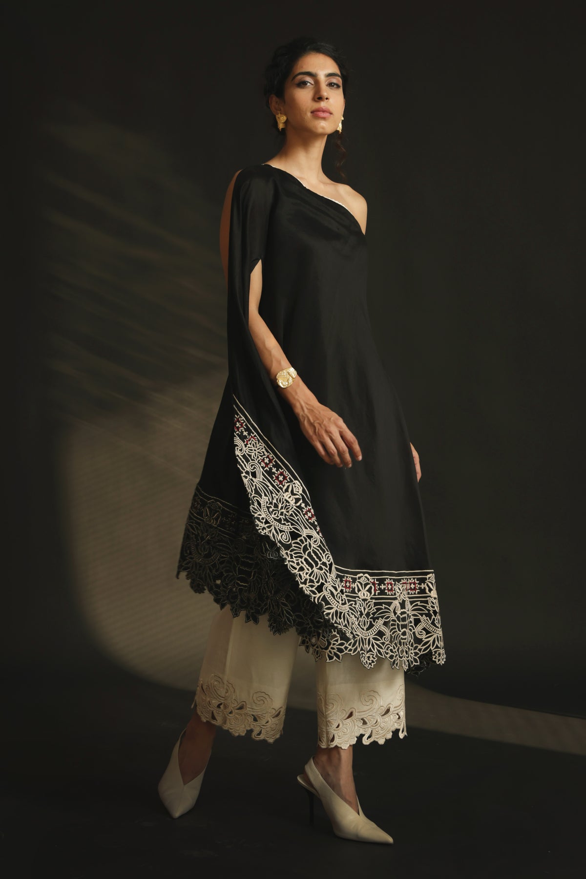 Black off shoulder asymmetric kurta