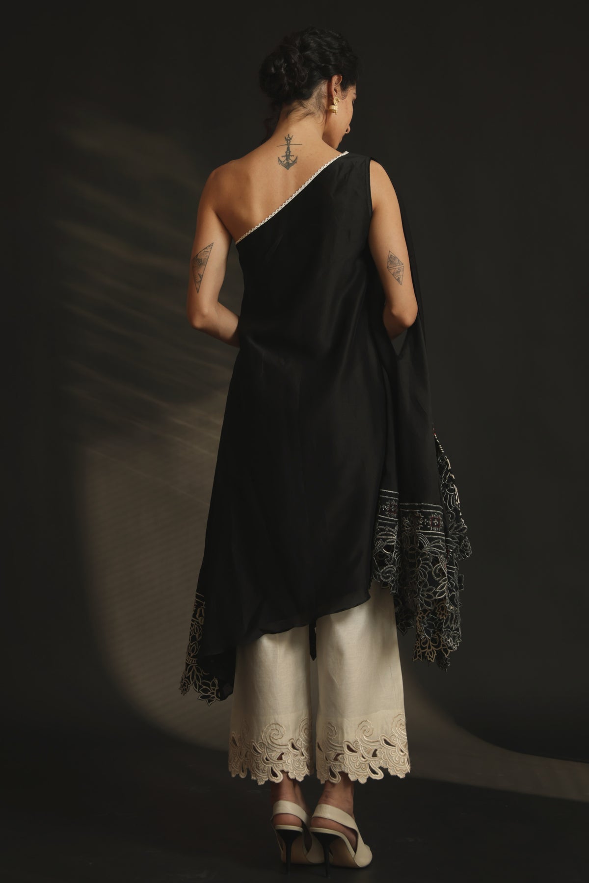 Black off shoulder asymmetric kurta