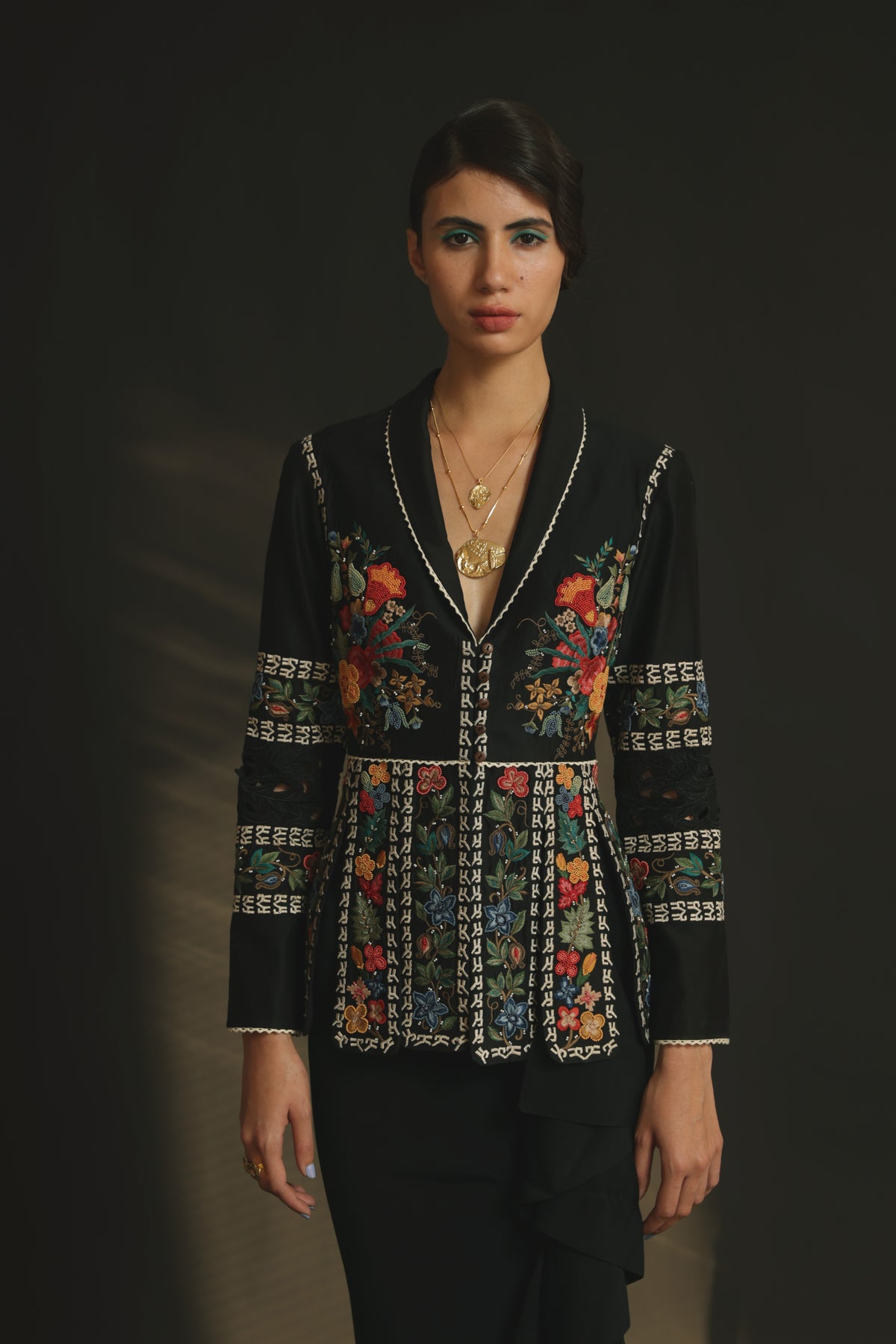 Black chanderi panelled short jacket