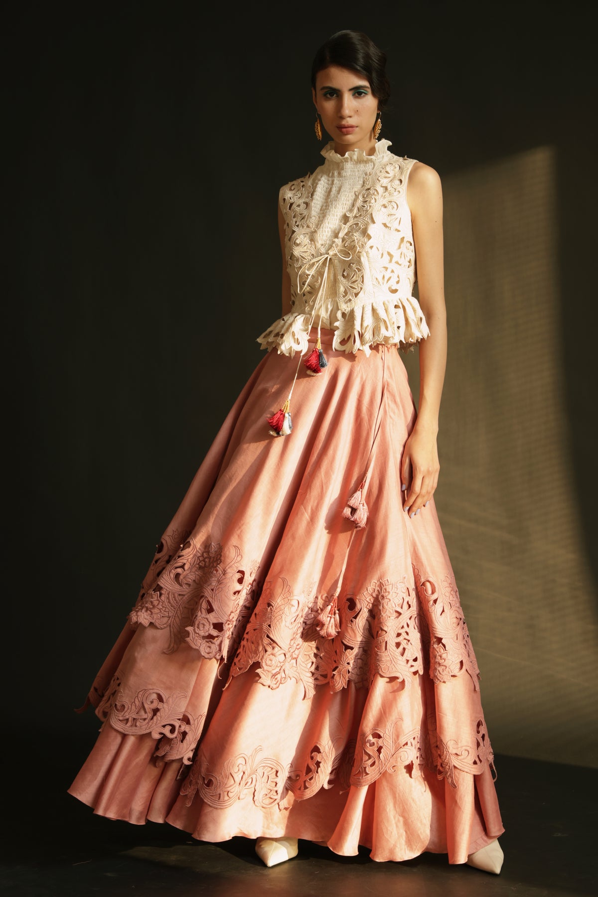 Pink cutwork layered lehenga