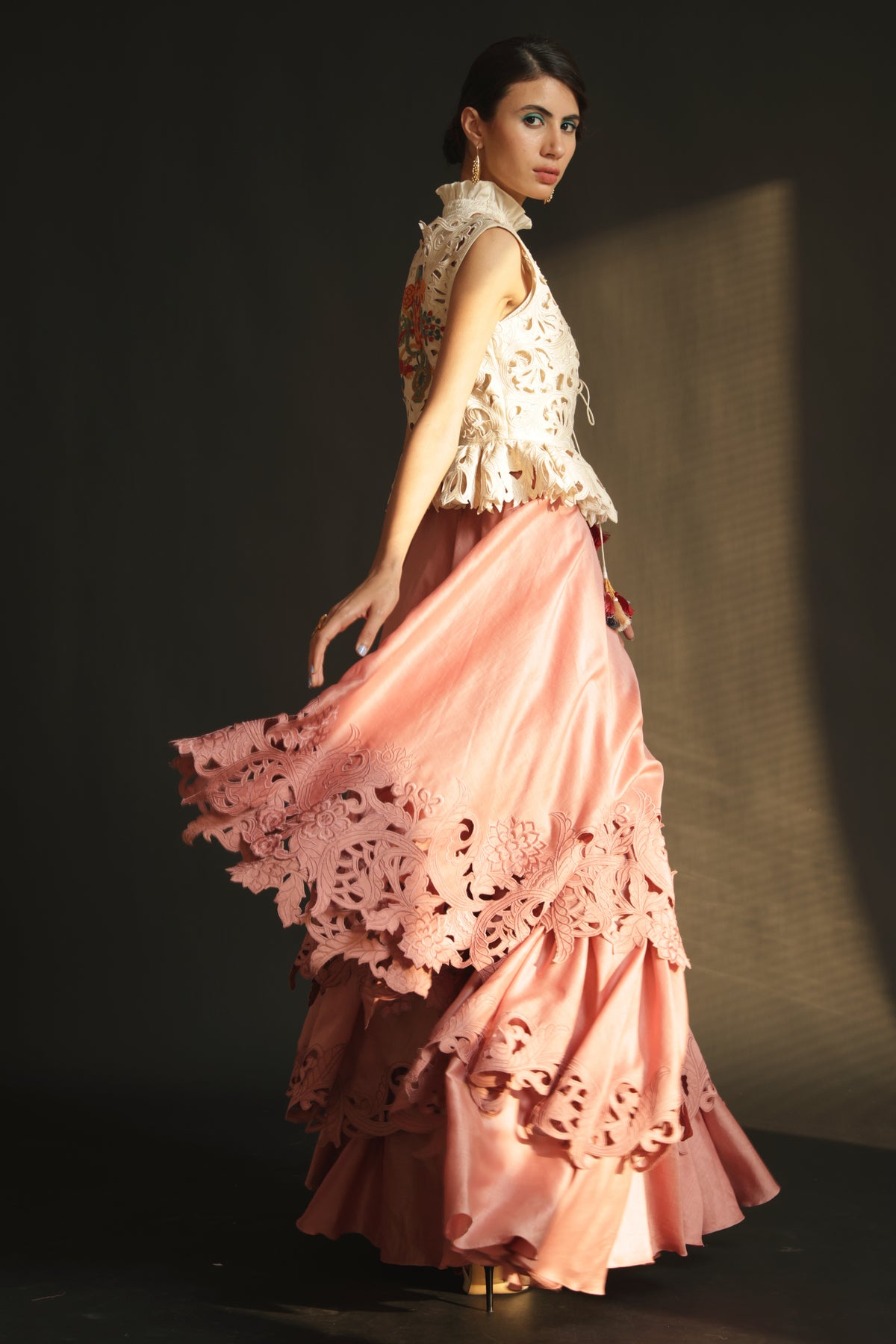 Pink cutwork layered lehenga