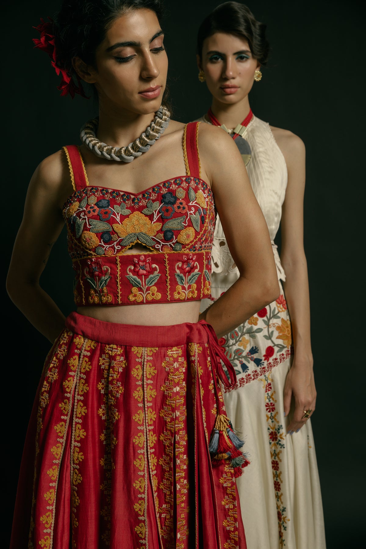 Red kala cotton embellished bustier