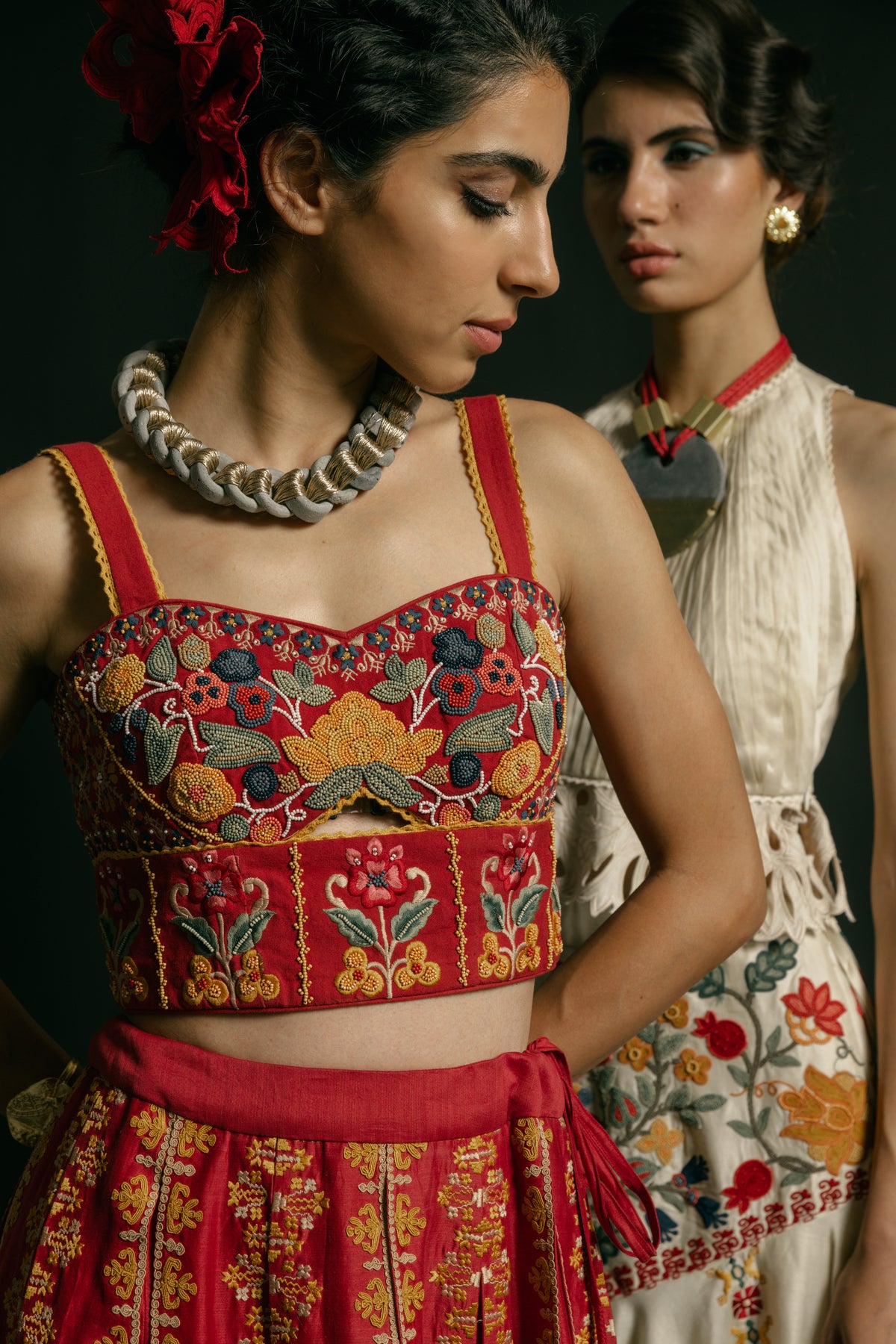 Red kala cotton embellished bustier