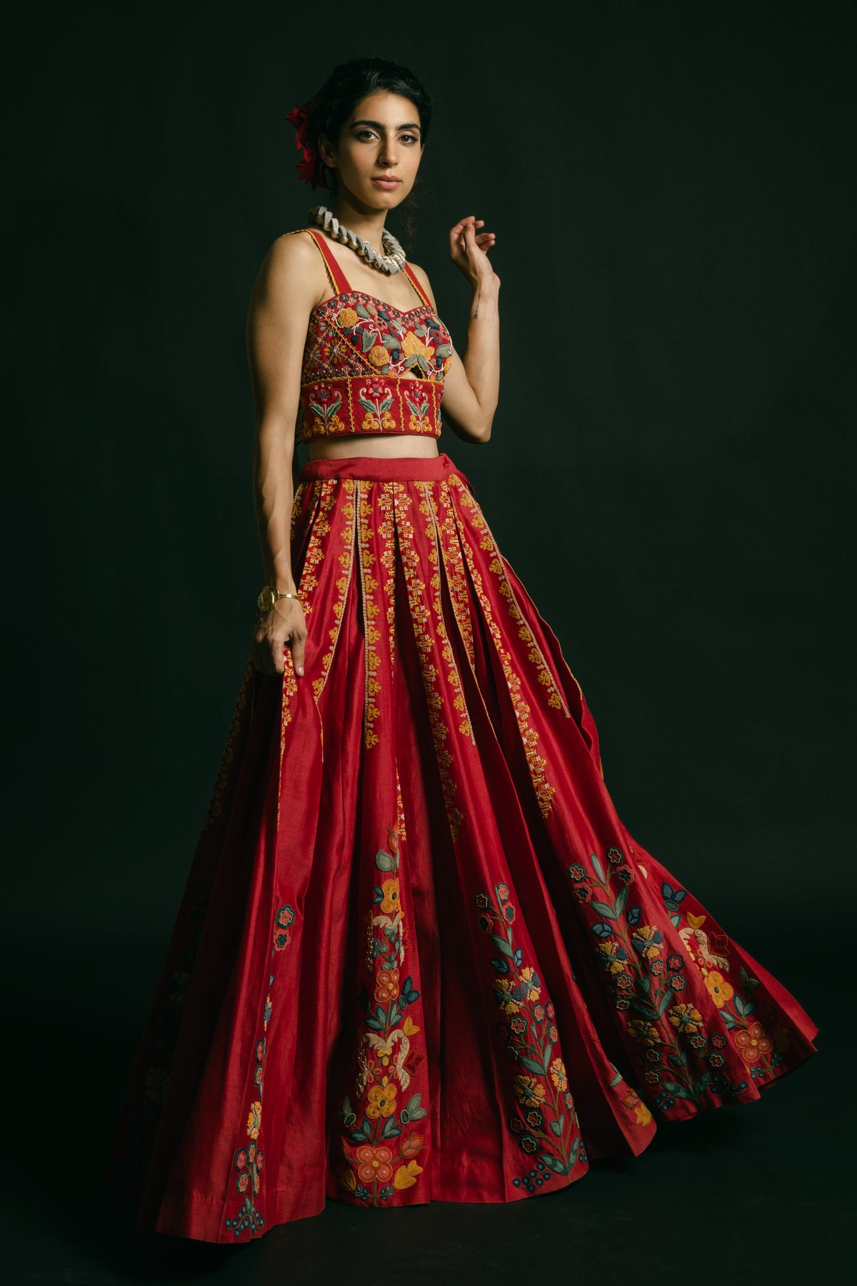 Red pleated embroidered lehenga