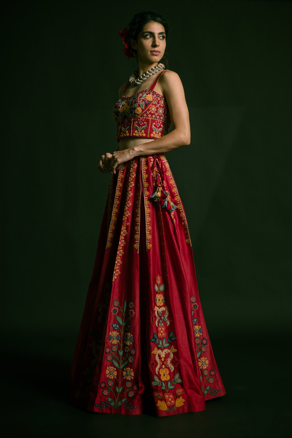 Red pleated embroidered lehenga