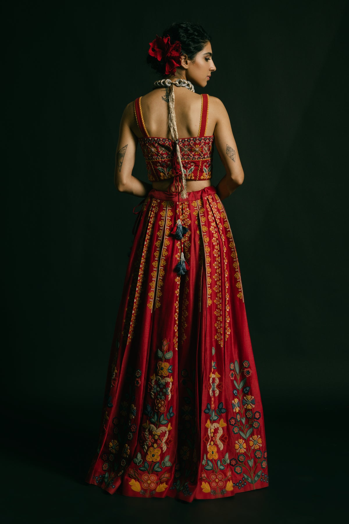 Red pleated embroidered lehenga