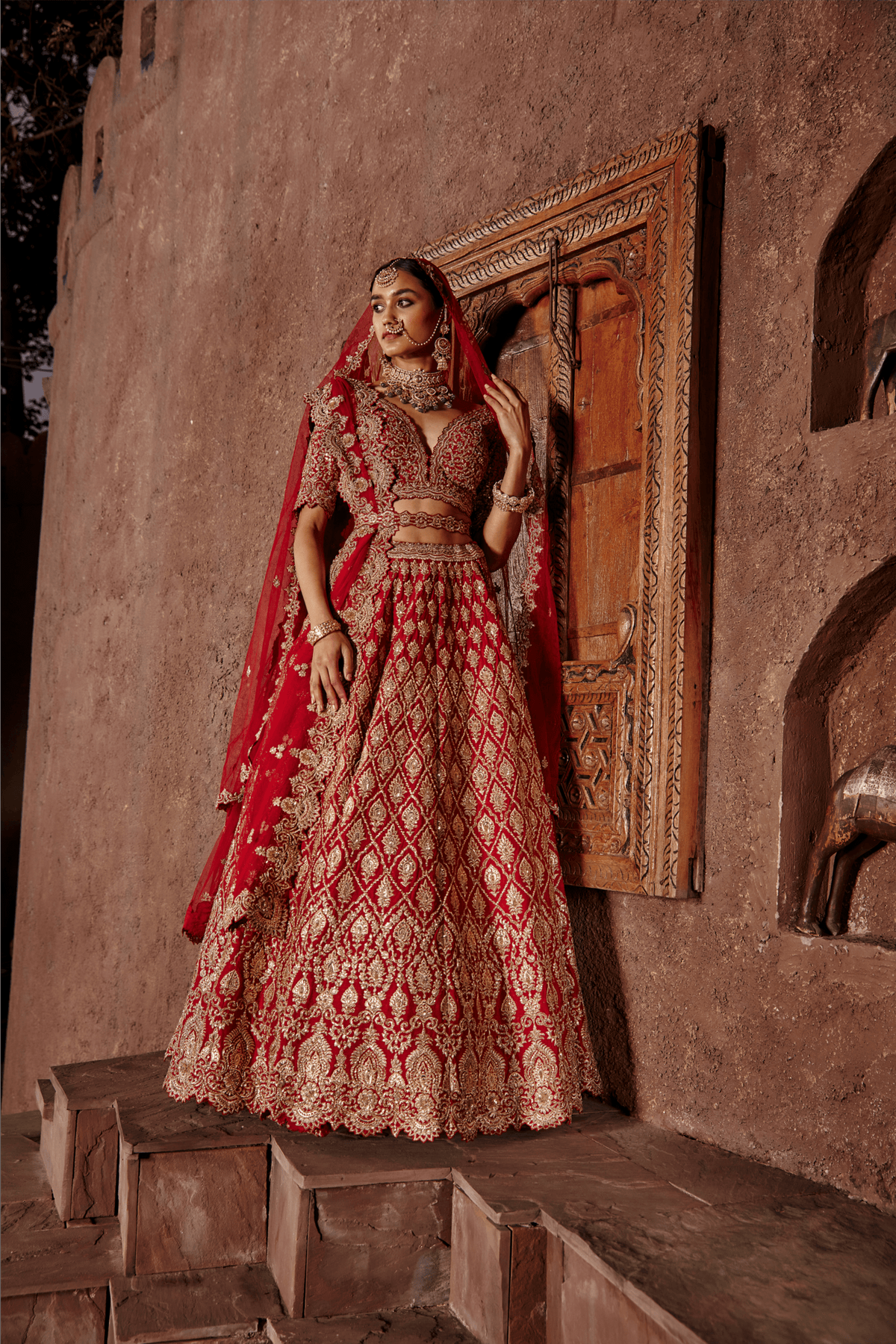 Red Raw Silk Lehenga Set Leather Applique