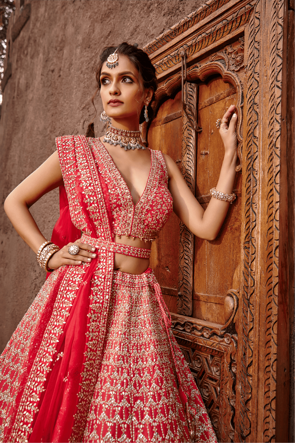 Coral Raw Silk Lehenga Set Gota Work