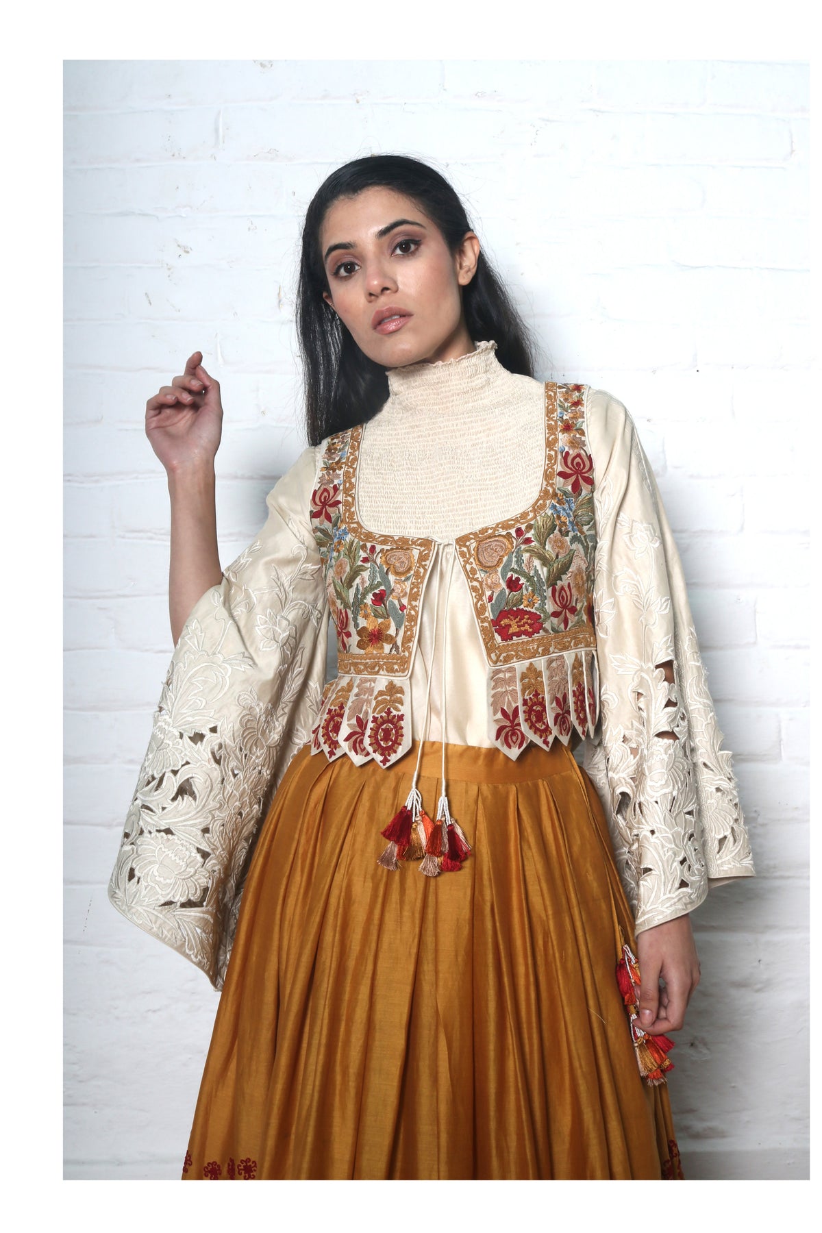 Ivory chanderi smocked cutwork top