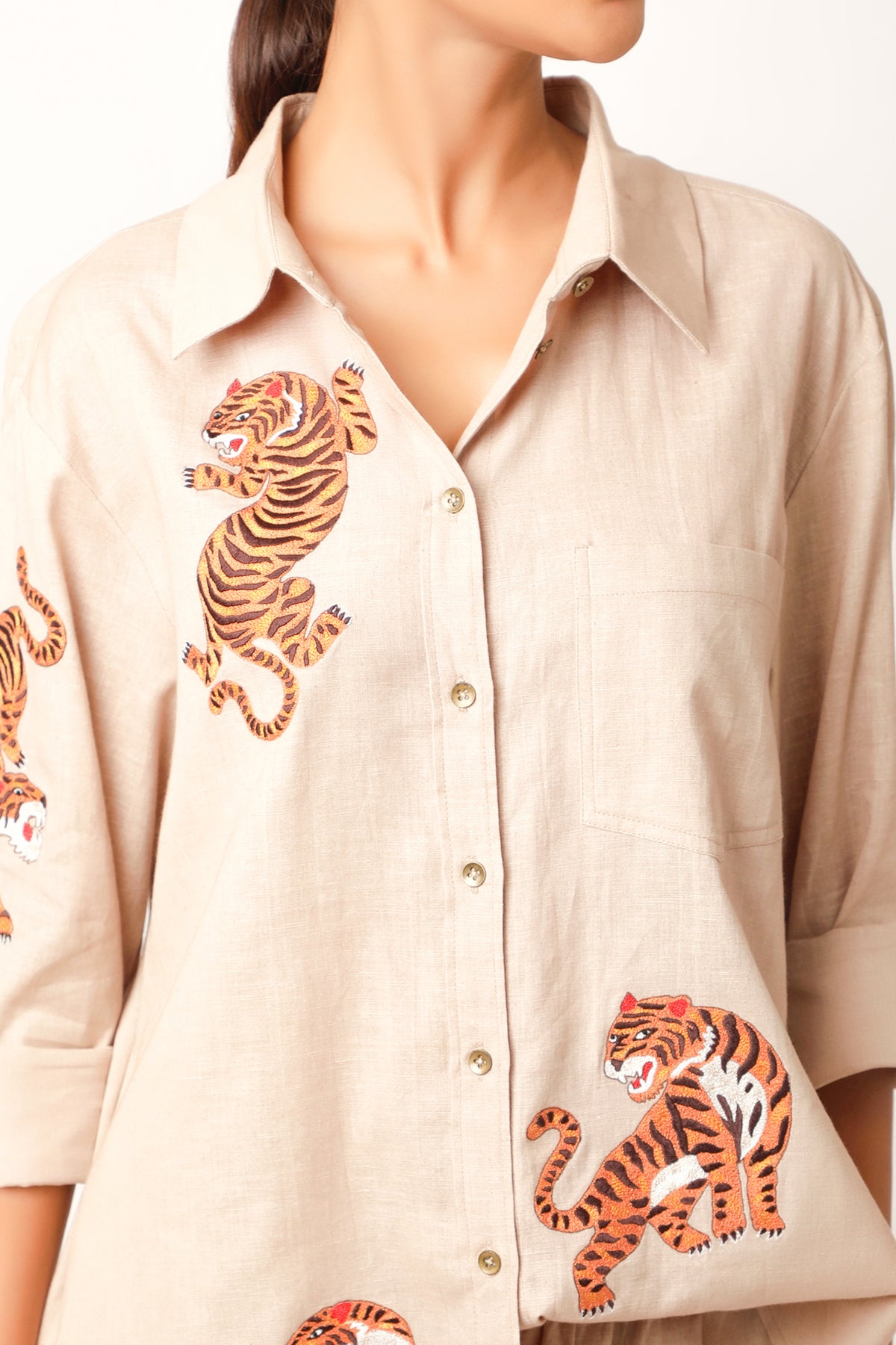Tiger Embroidered Beige Co-ord Set