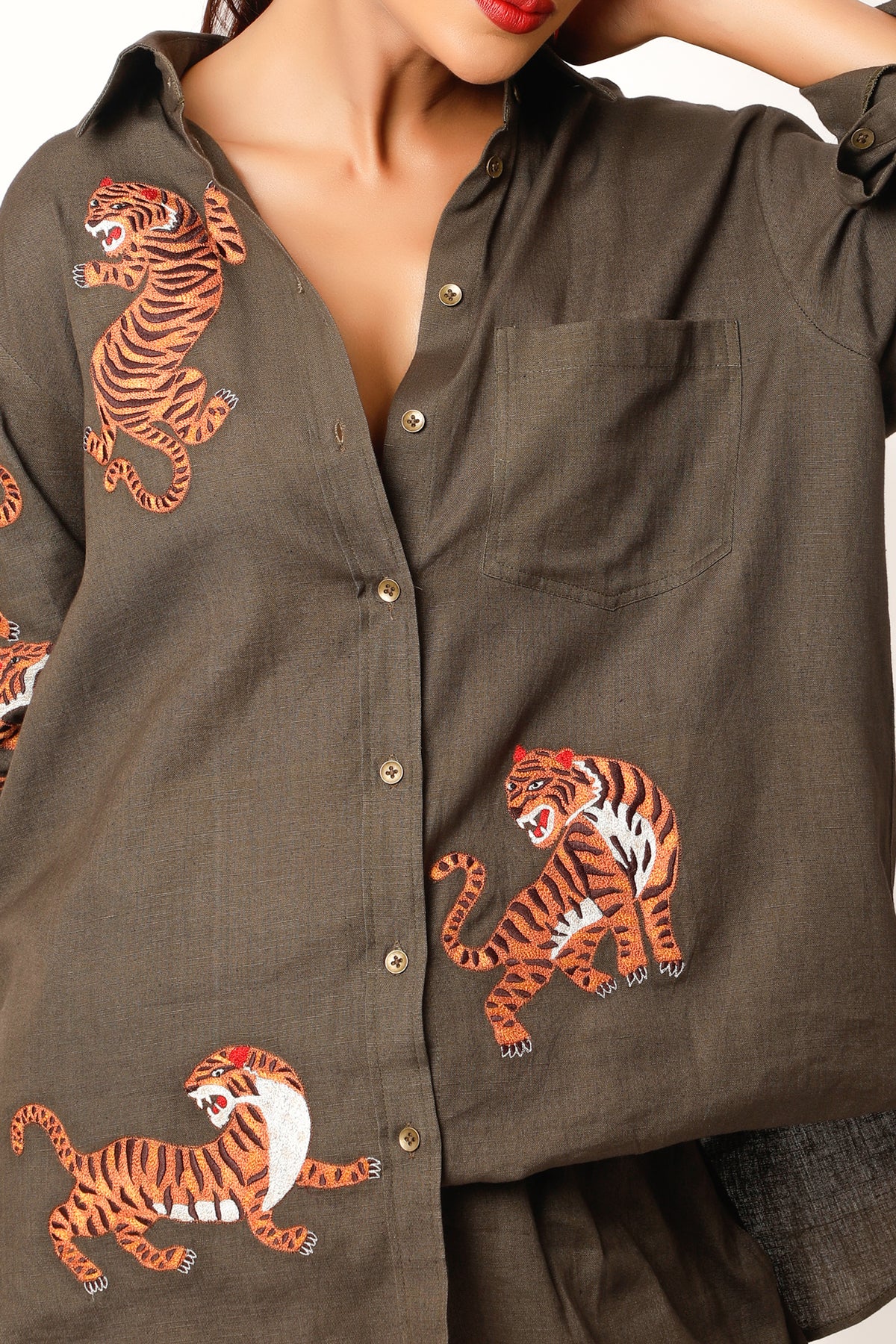 Tiger Embroidered Chocolate Co-ord Set