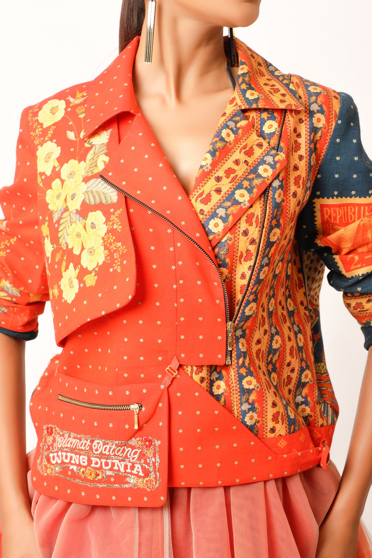 Printed Orange Biker Jacket