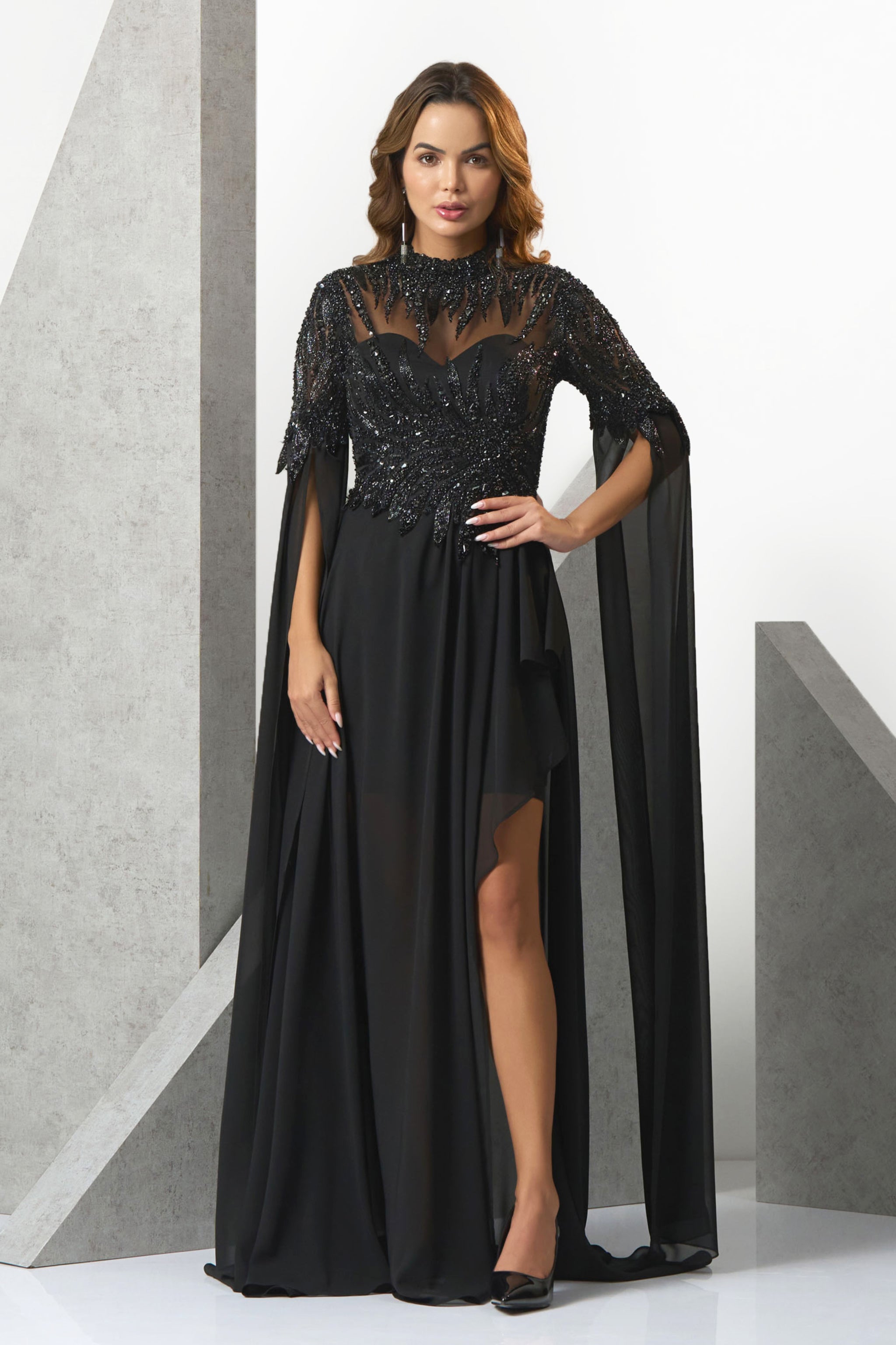 Eli Bitton - Black Flowy Sleeve Evening Gown XS Eli Bitton - Black Flowy Sleeve Evening Gown XS