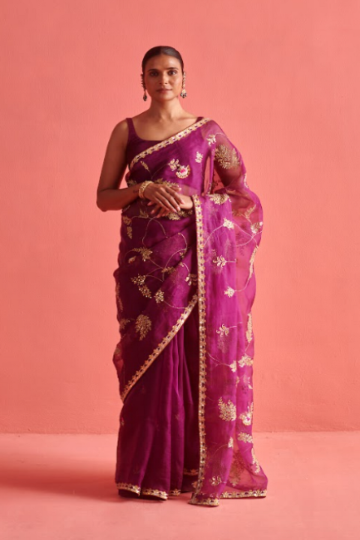 Magenta Hand Embroidered Saree Set