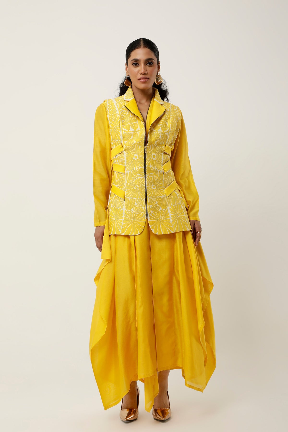 Yellow Cutwork Jacket Set
