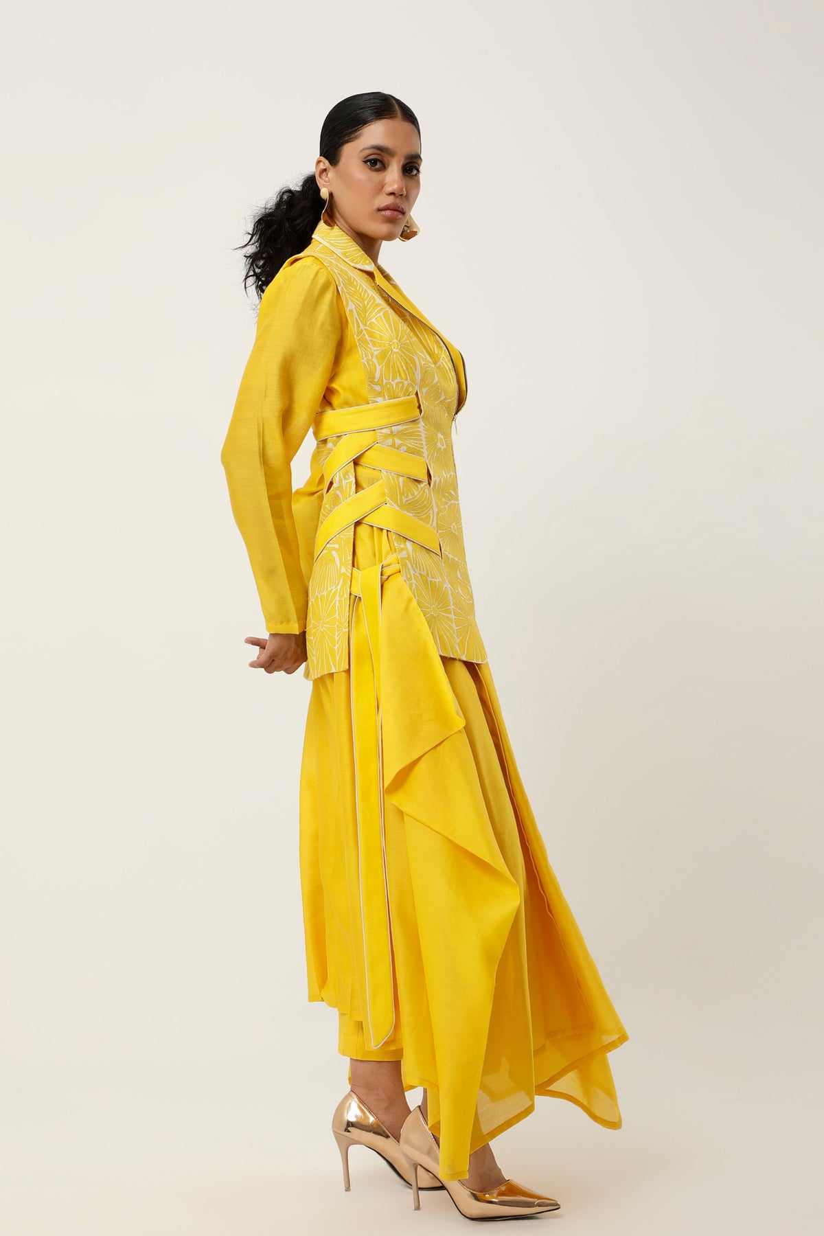 Yellow Cutwork Jacket Set