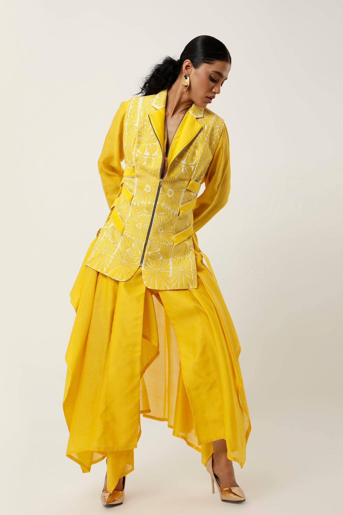 Yellow Cutwork Jacket Set