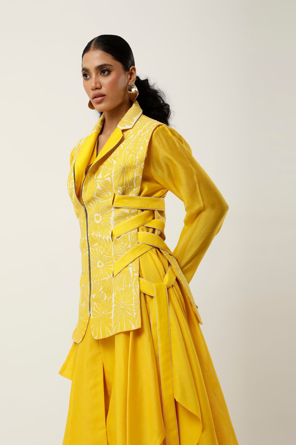 Yellow Cutwork Jacket Set