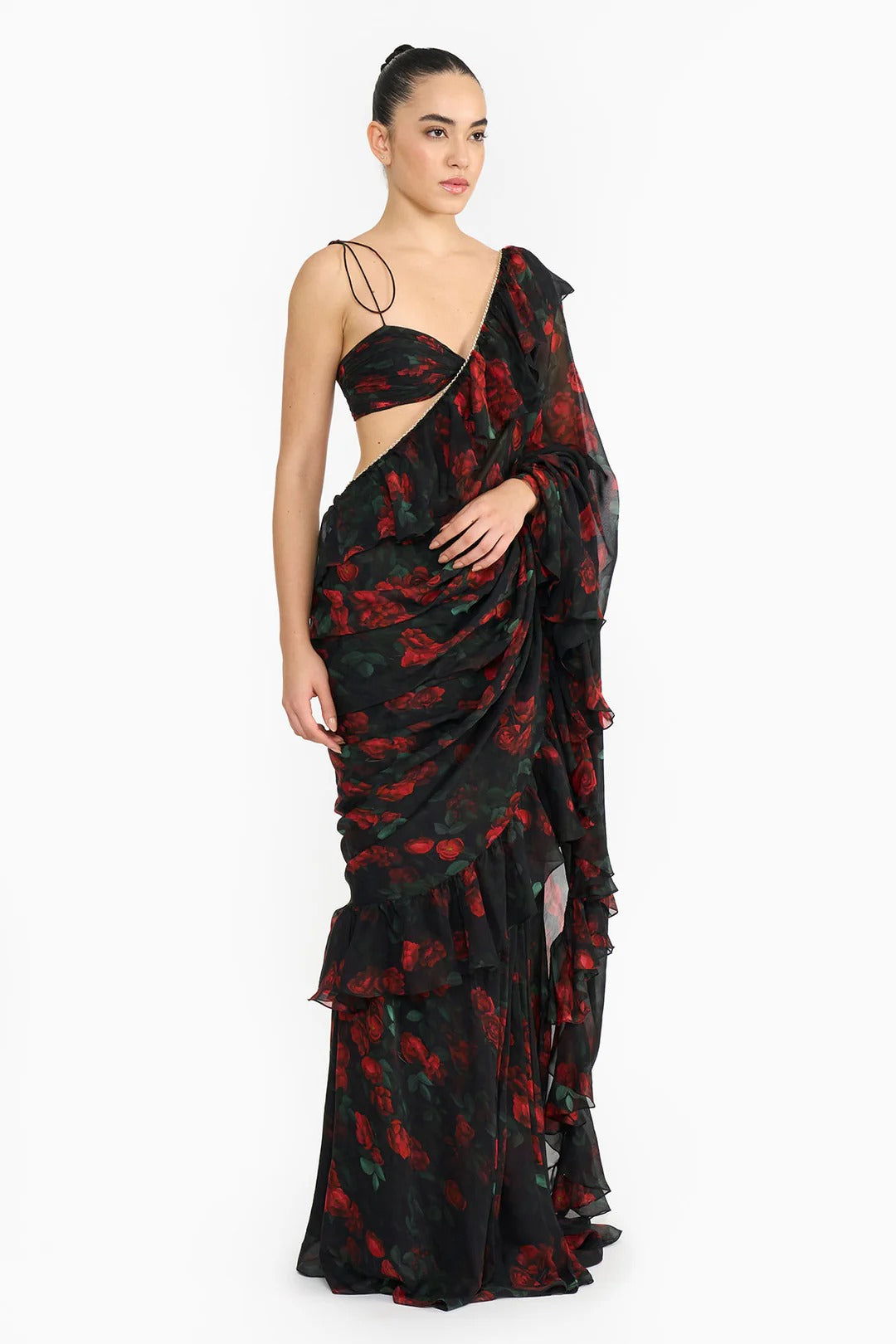 Red Rose Creeper Ruffled Saree Set
