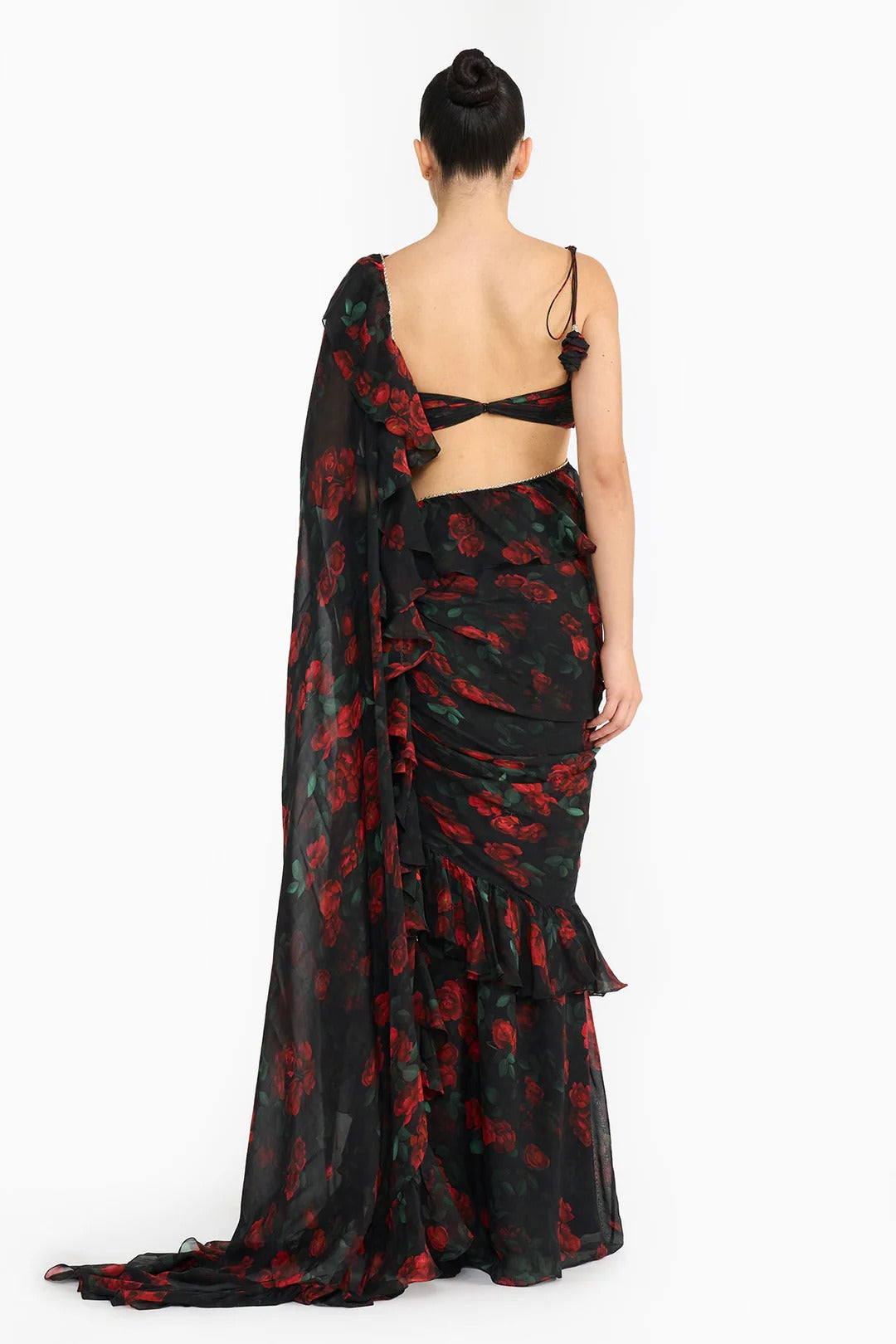Red Rose Creeper Ruffled Saree Set