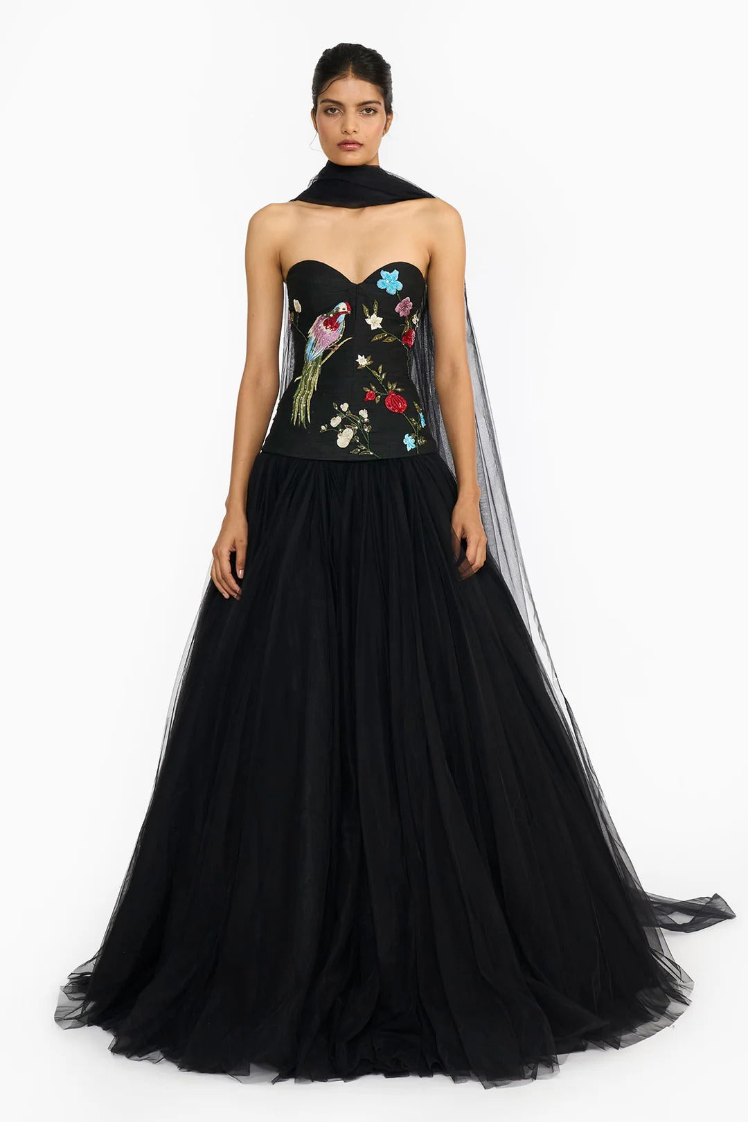 Black Chinoiserie Peplum Lehenga Set