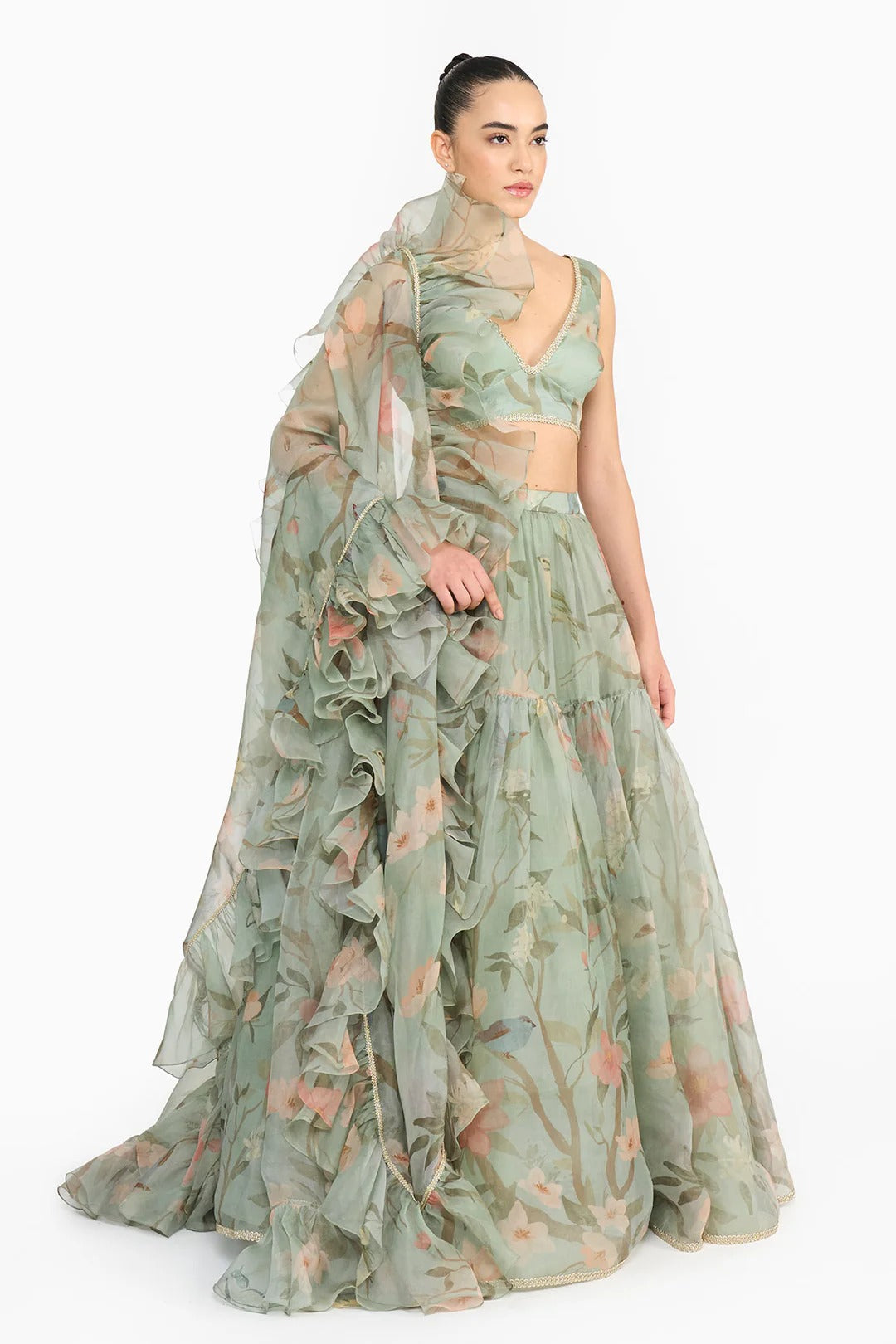 Dark Teal Chinoiserie Ruffled Lehenga Set