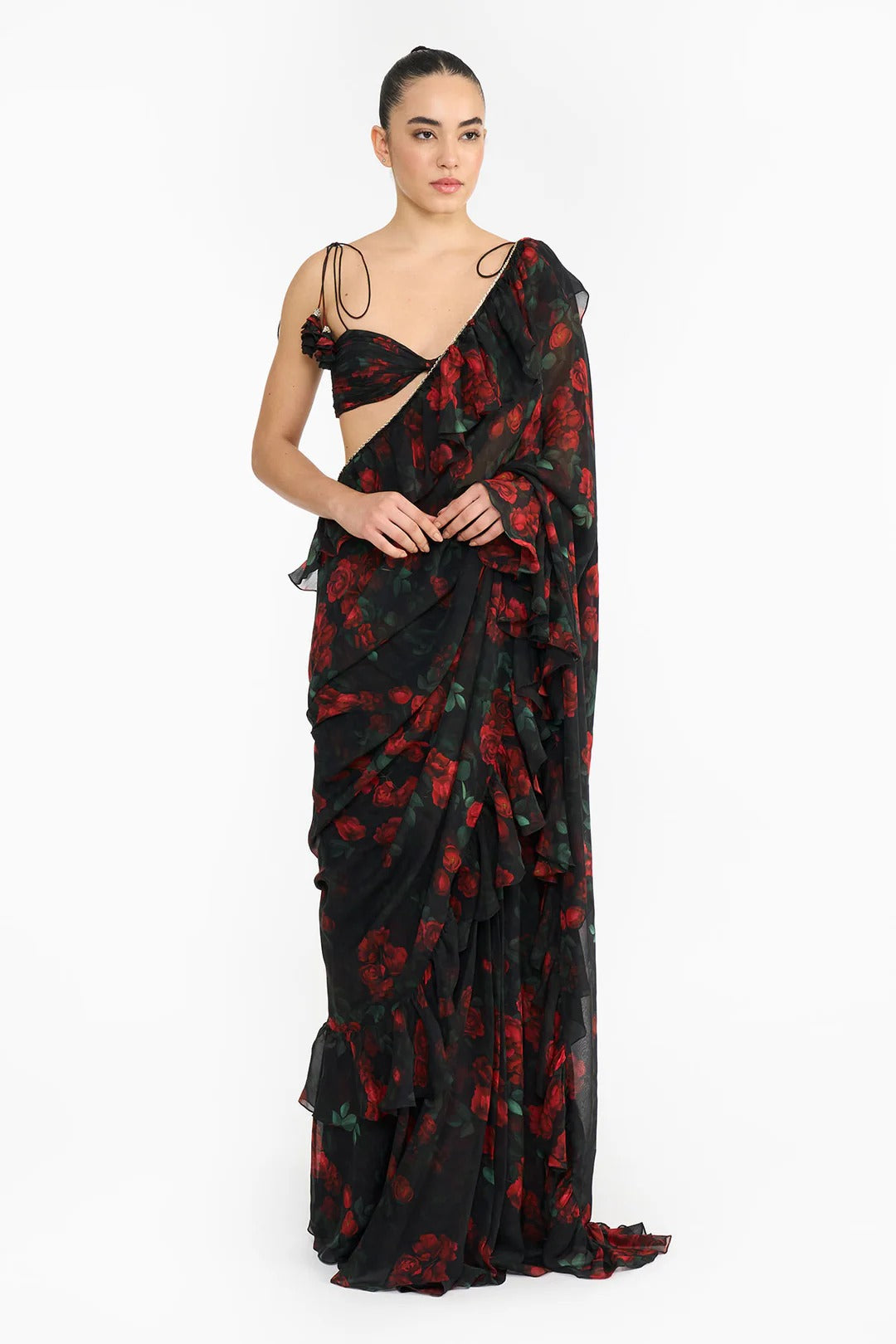 Red Rose Creeper Ruffled Saree Set