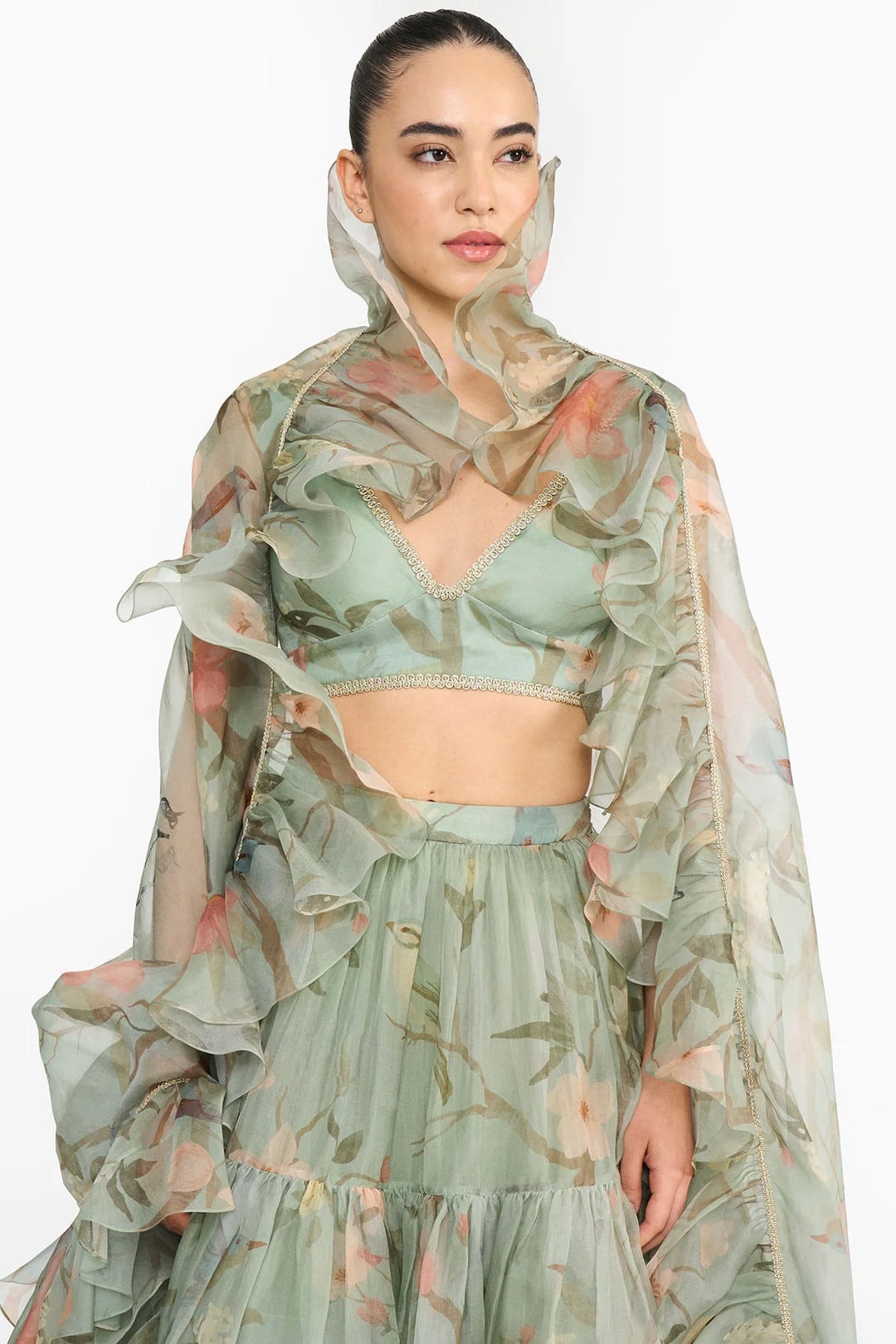 Dark Teal Chinoiserie Ruffled Lehenga Set