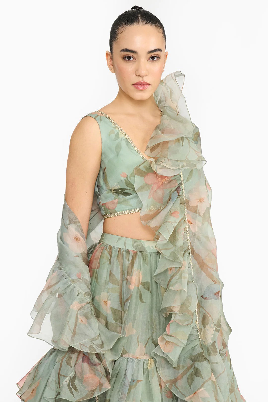 Dark Teal Chinoiserie Ruffled Lehenga Set