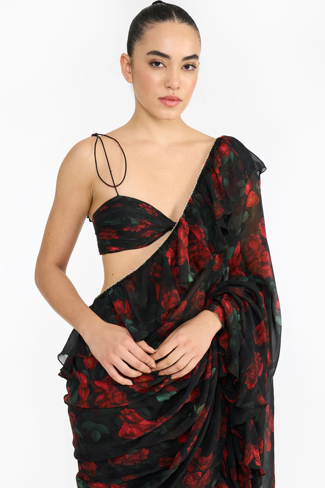 Red Rose Creeper Ruffled Saree Set