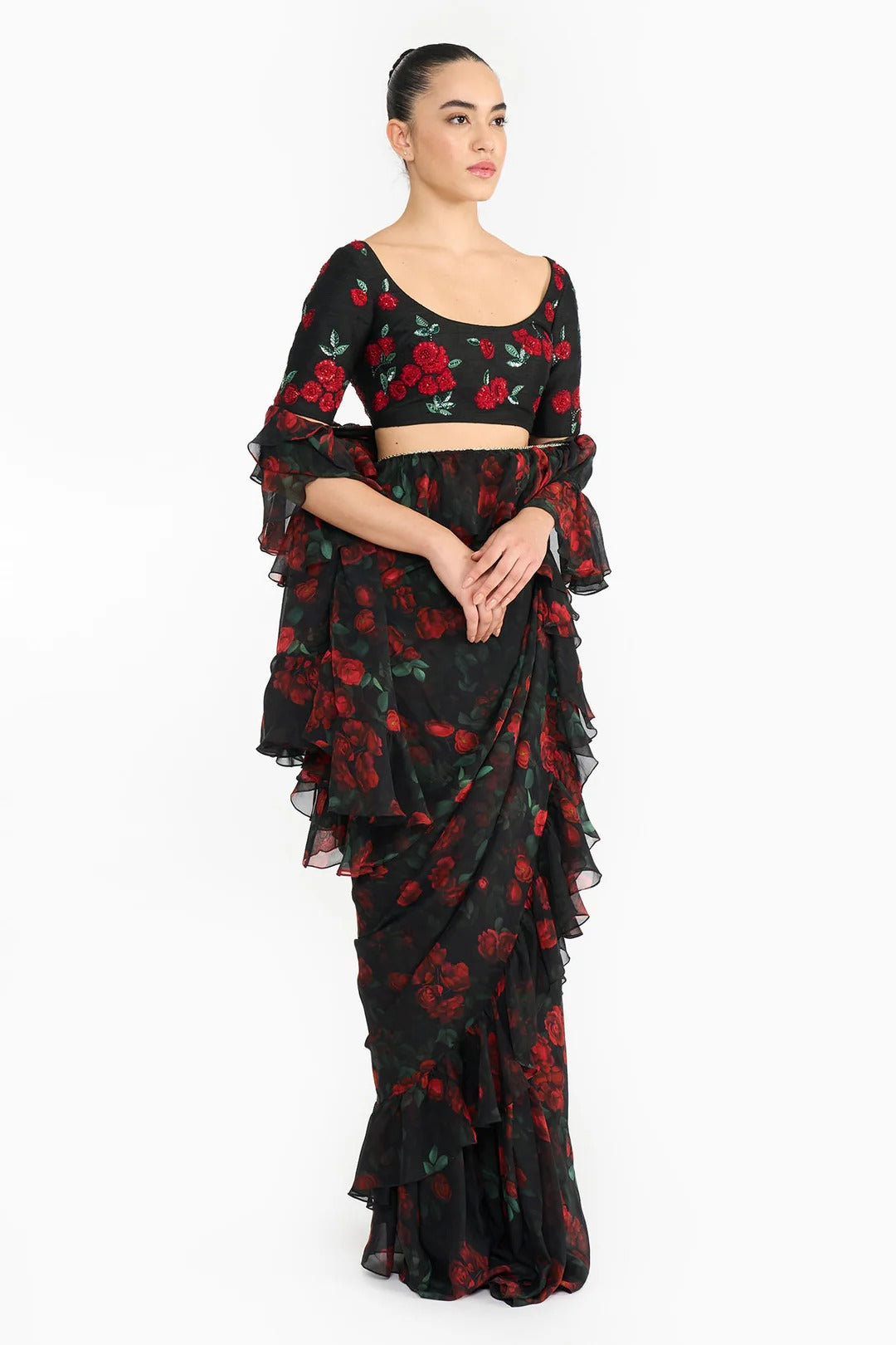 Red Rose Creeper Ruffled Saree Set