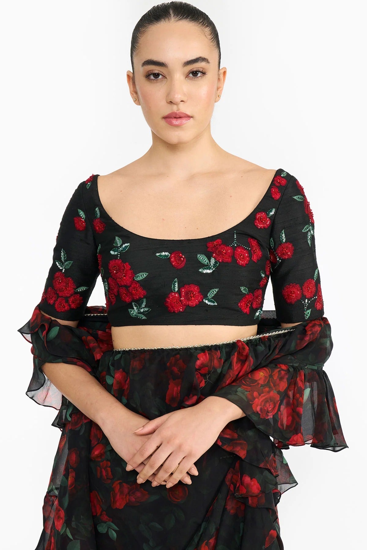 Red Rose Creeper Ruffled Saree Set