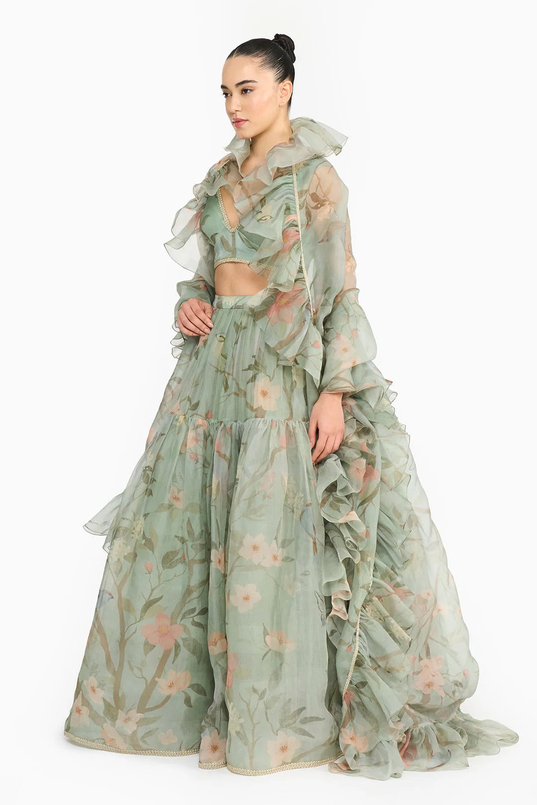 Dark Teal Chinoiserie Ruffled Lehenga Set