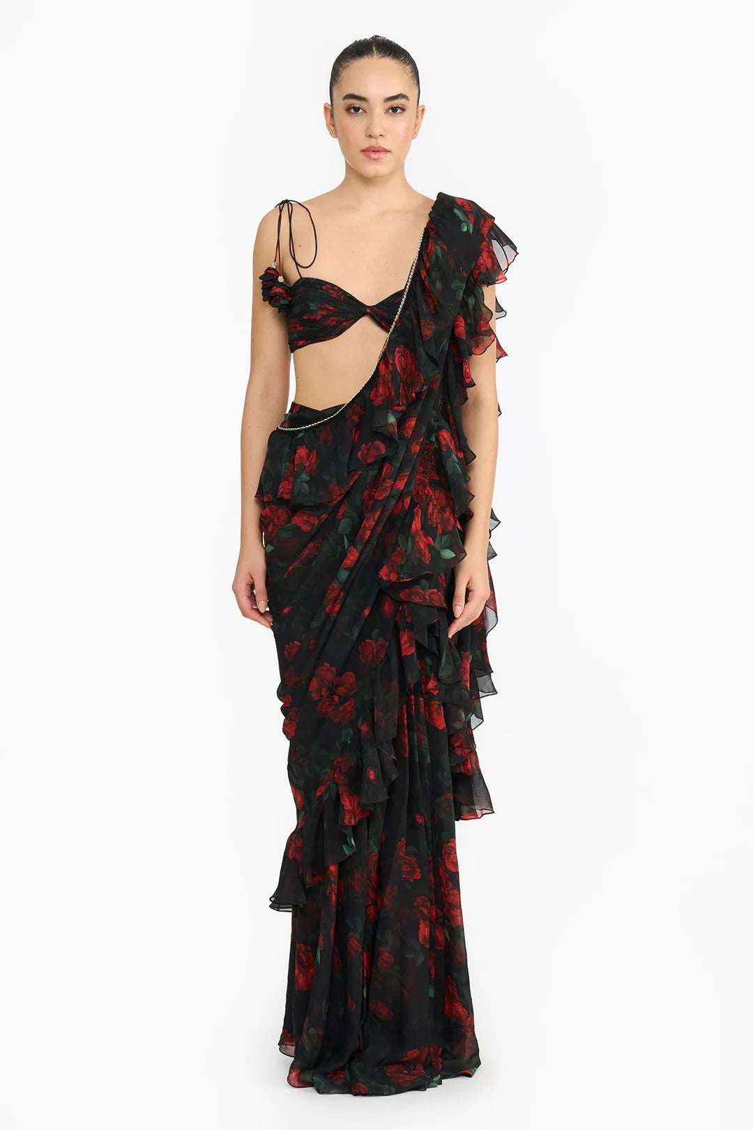 Red Rose Creeper Ruffled Saree Set