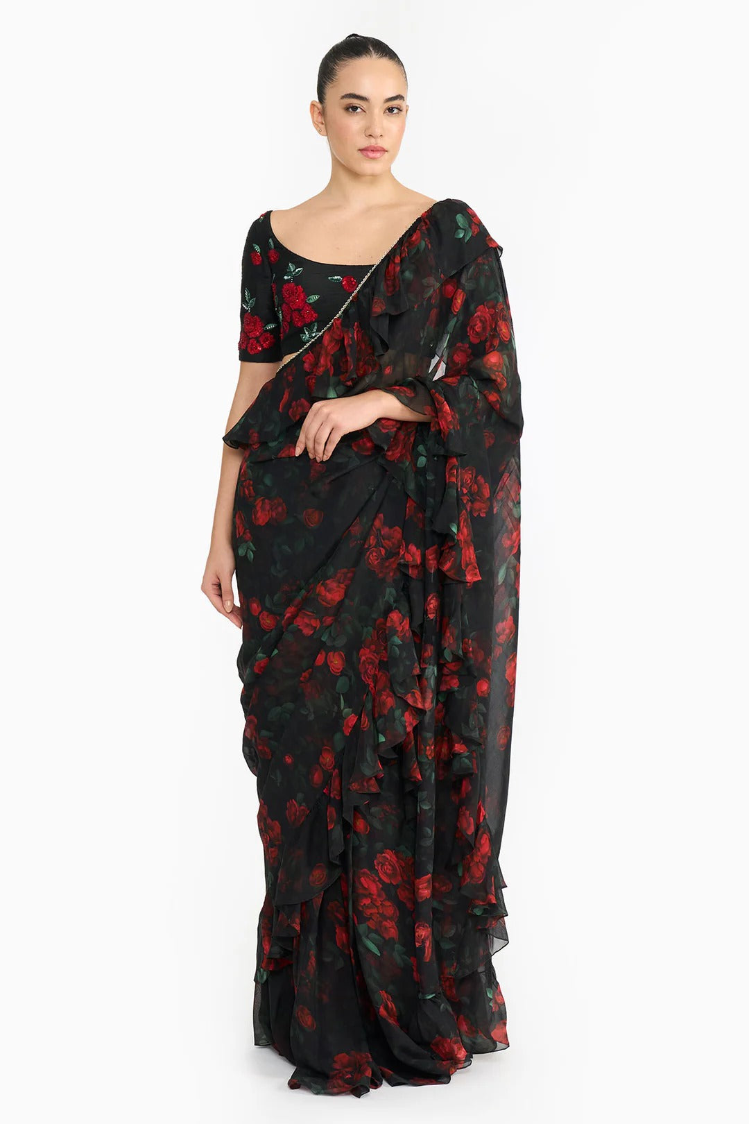 Red Rose Creeper Ruffled Saree Set