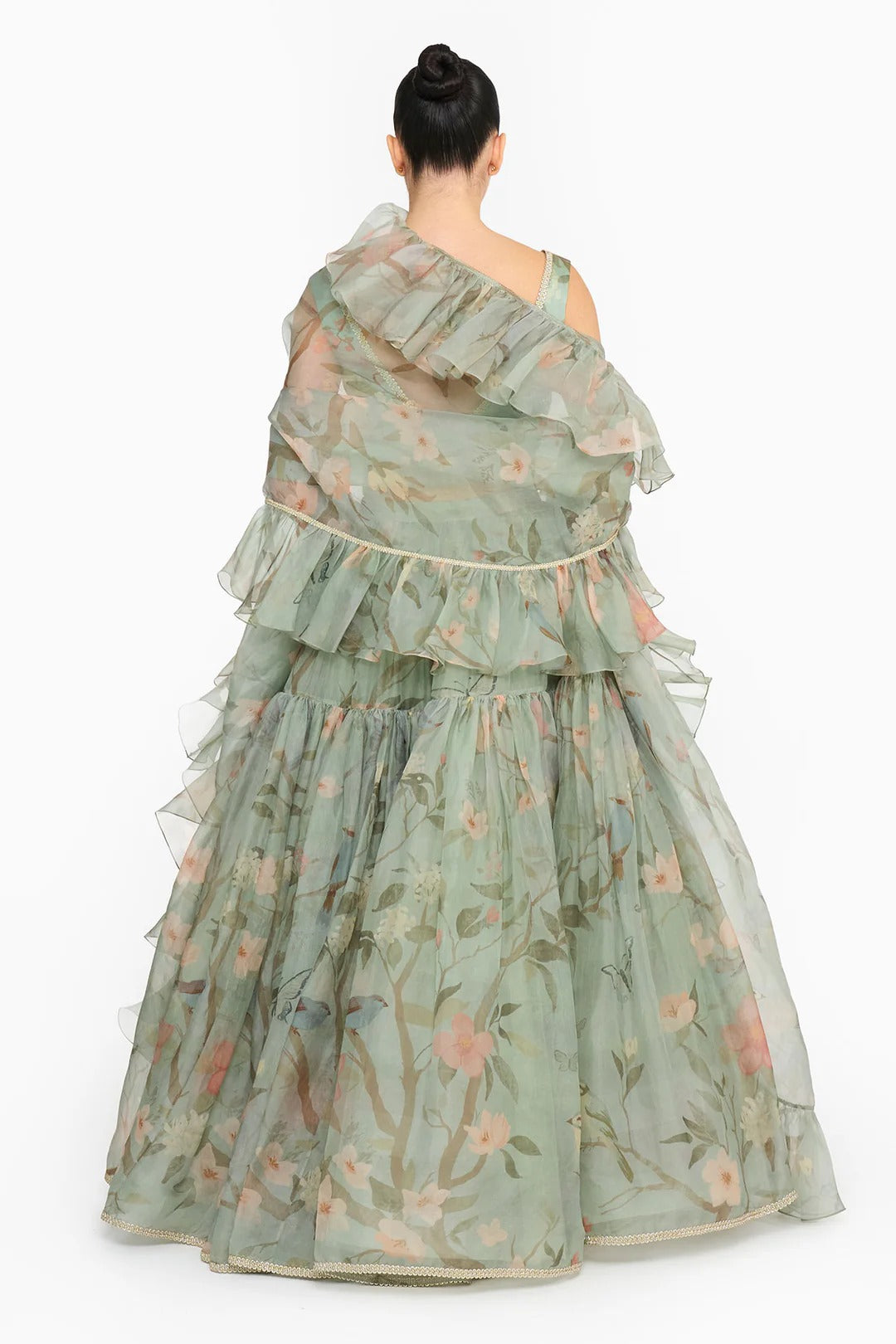 Dark Teal Chinoiserie Ruffled Lehenga Set