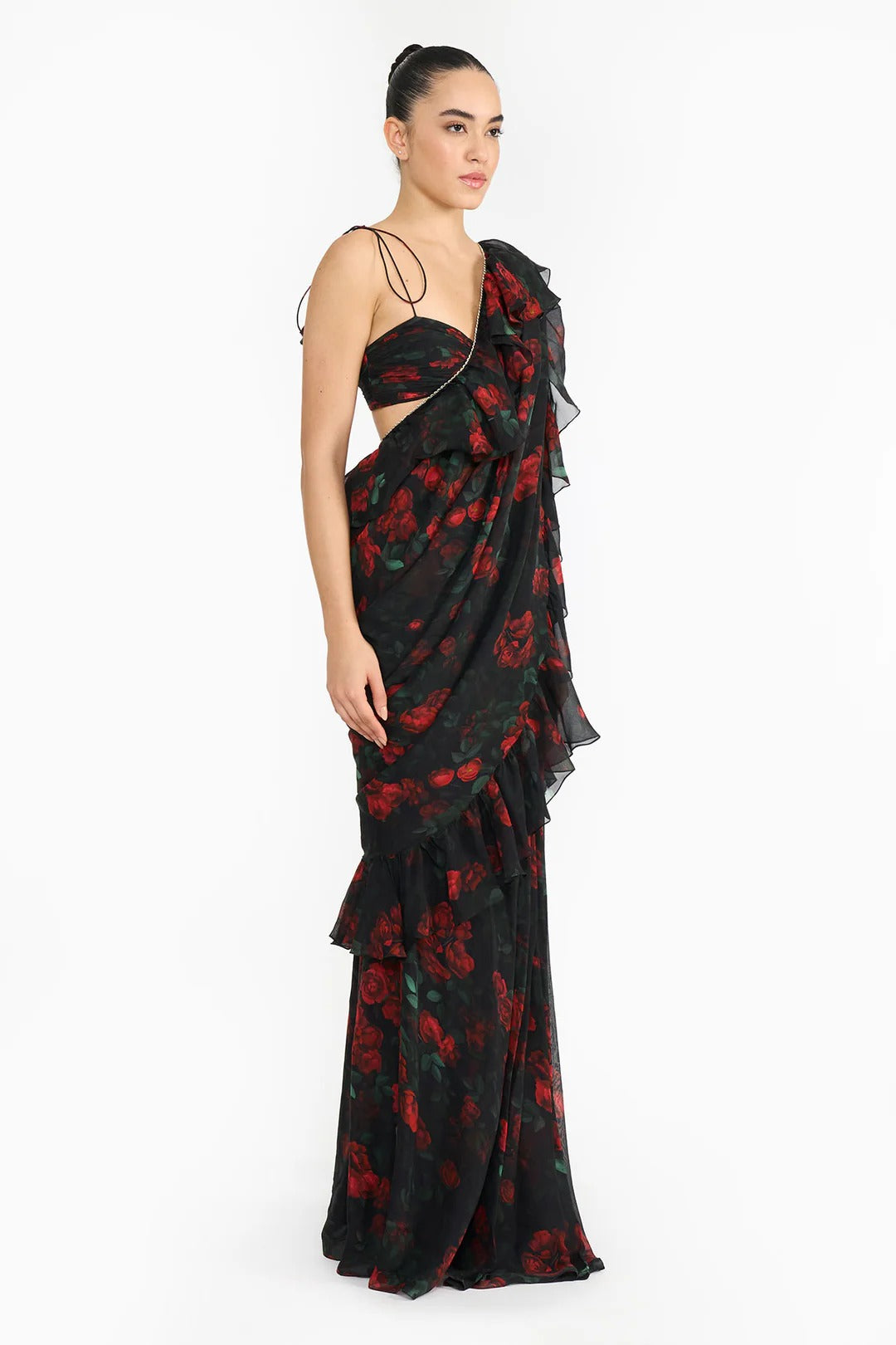 Red Rose Creeper Ruffled Saree Set