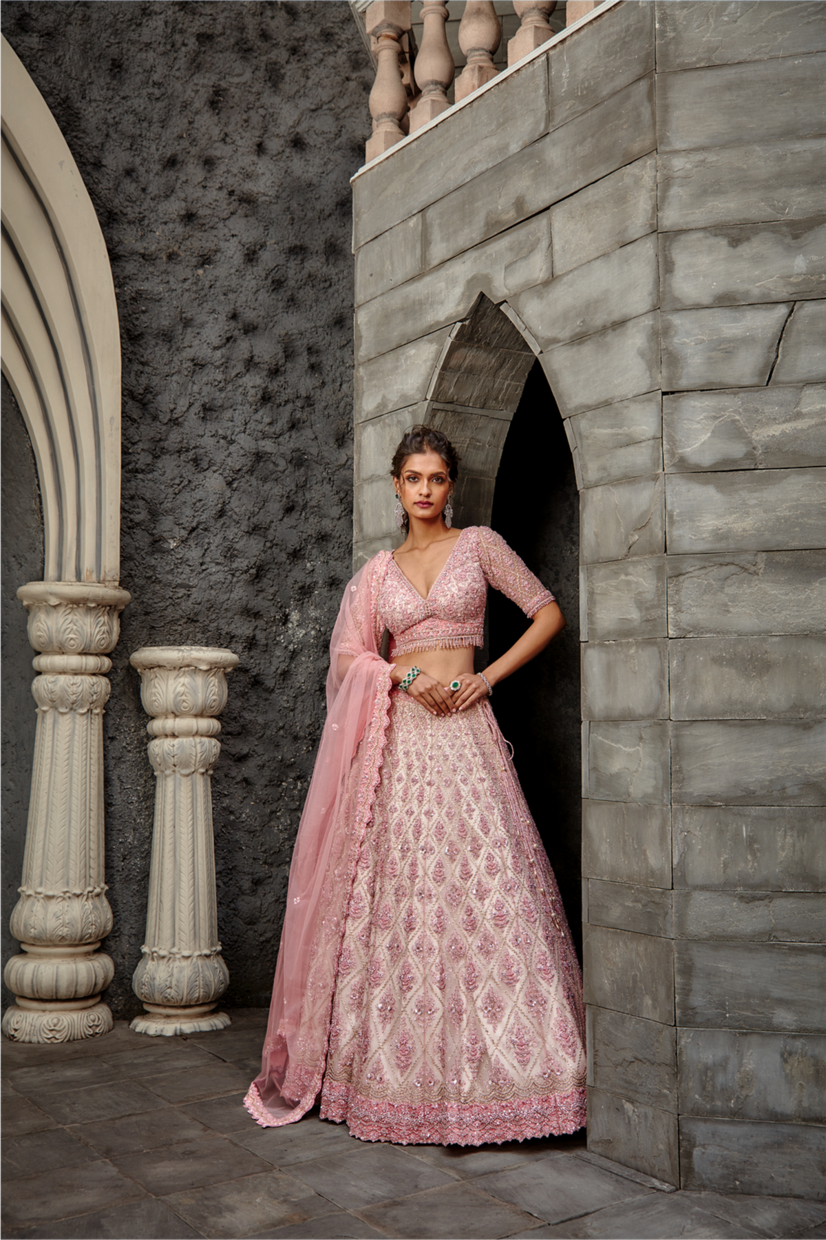 Cream/blush Tulle Gota/resham Lehenga Set