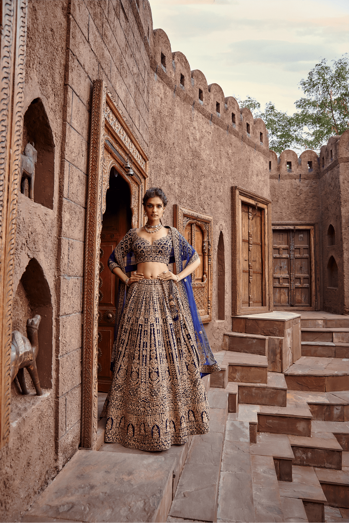 Navy Velvet Lehenga Set Dori Work