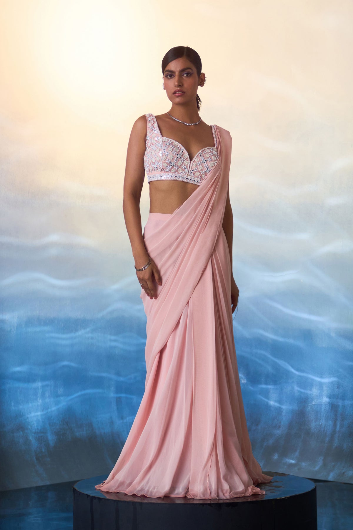 Dusty Peach Drape Saree Set