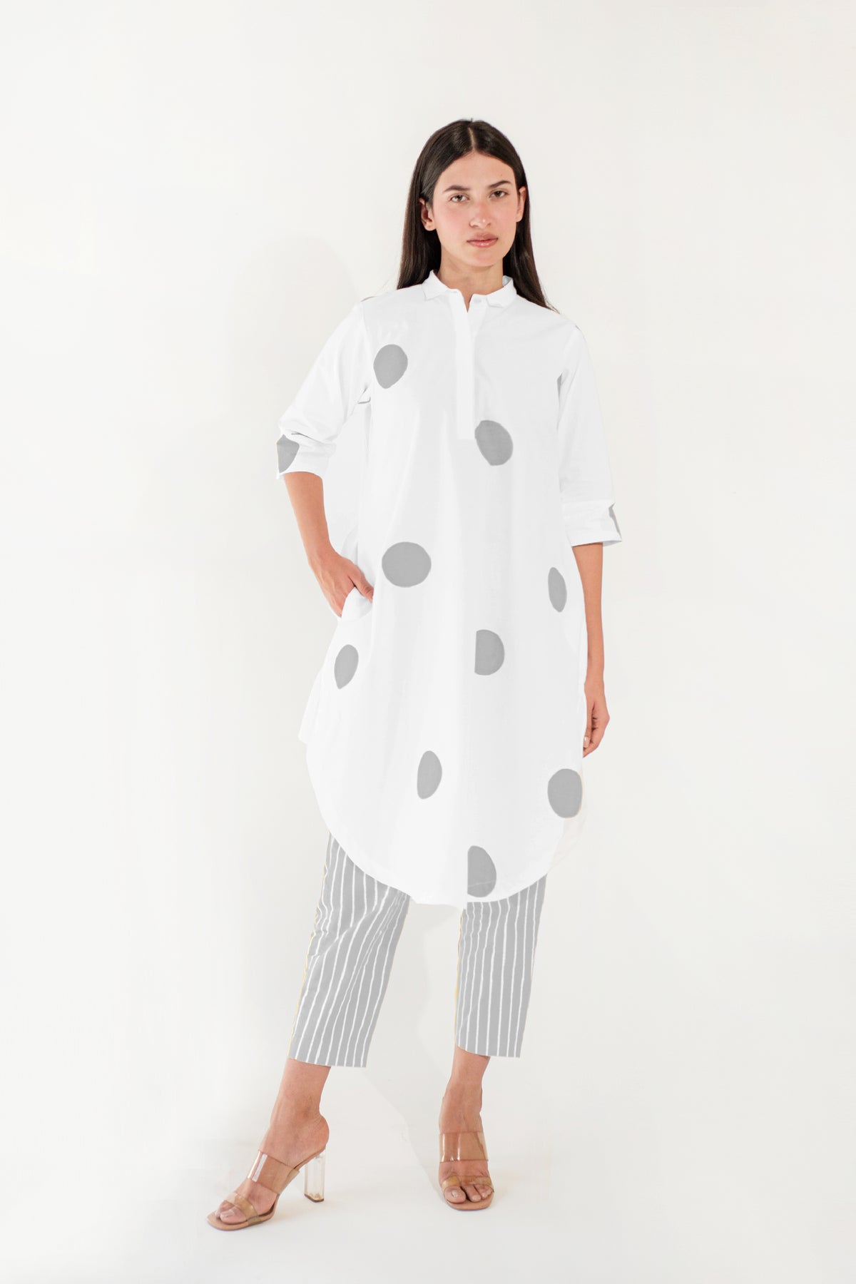 White Polka Tunic With Grey Pant