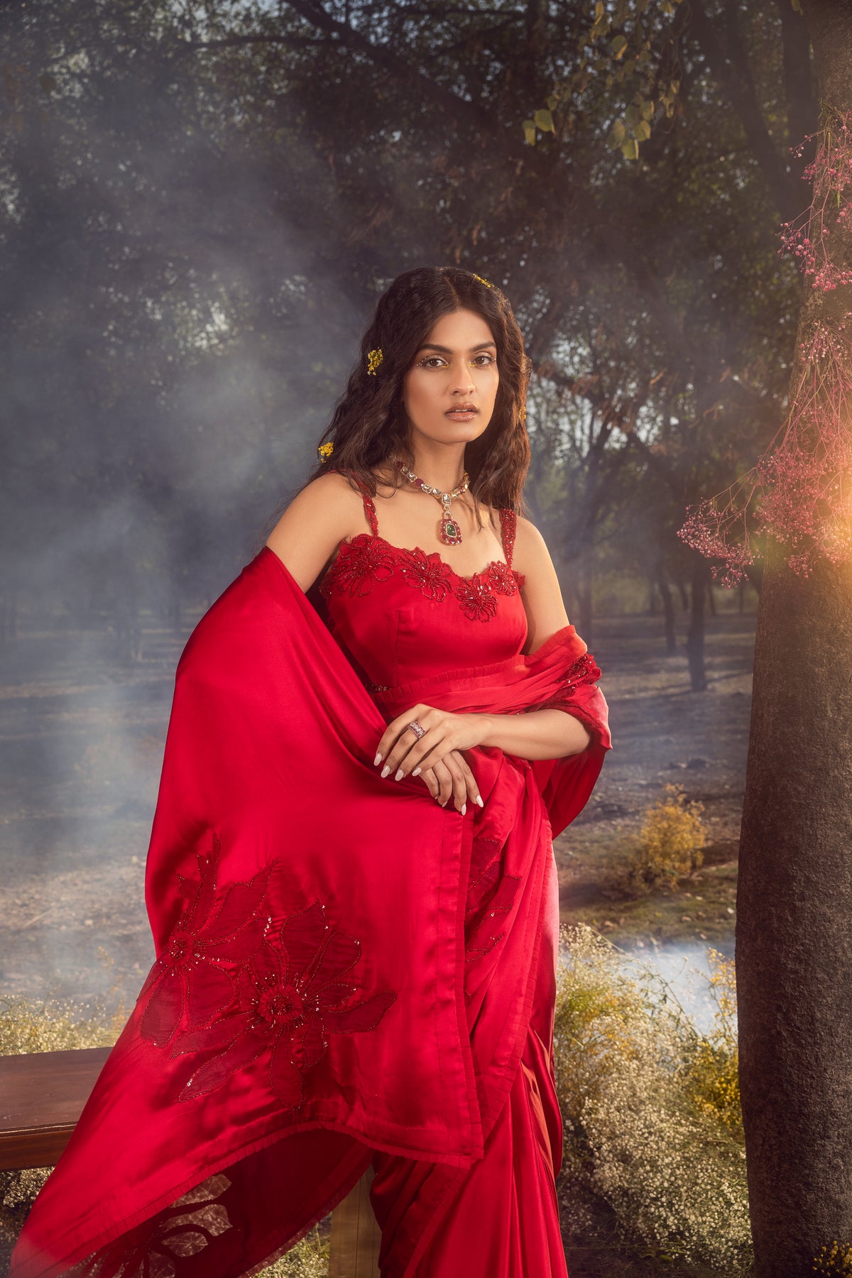 Strawberry Red Satin Saree