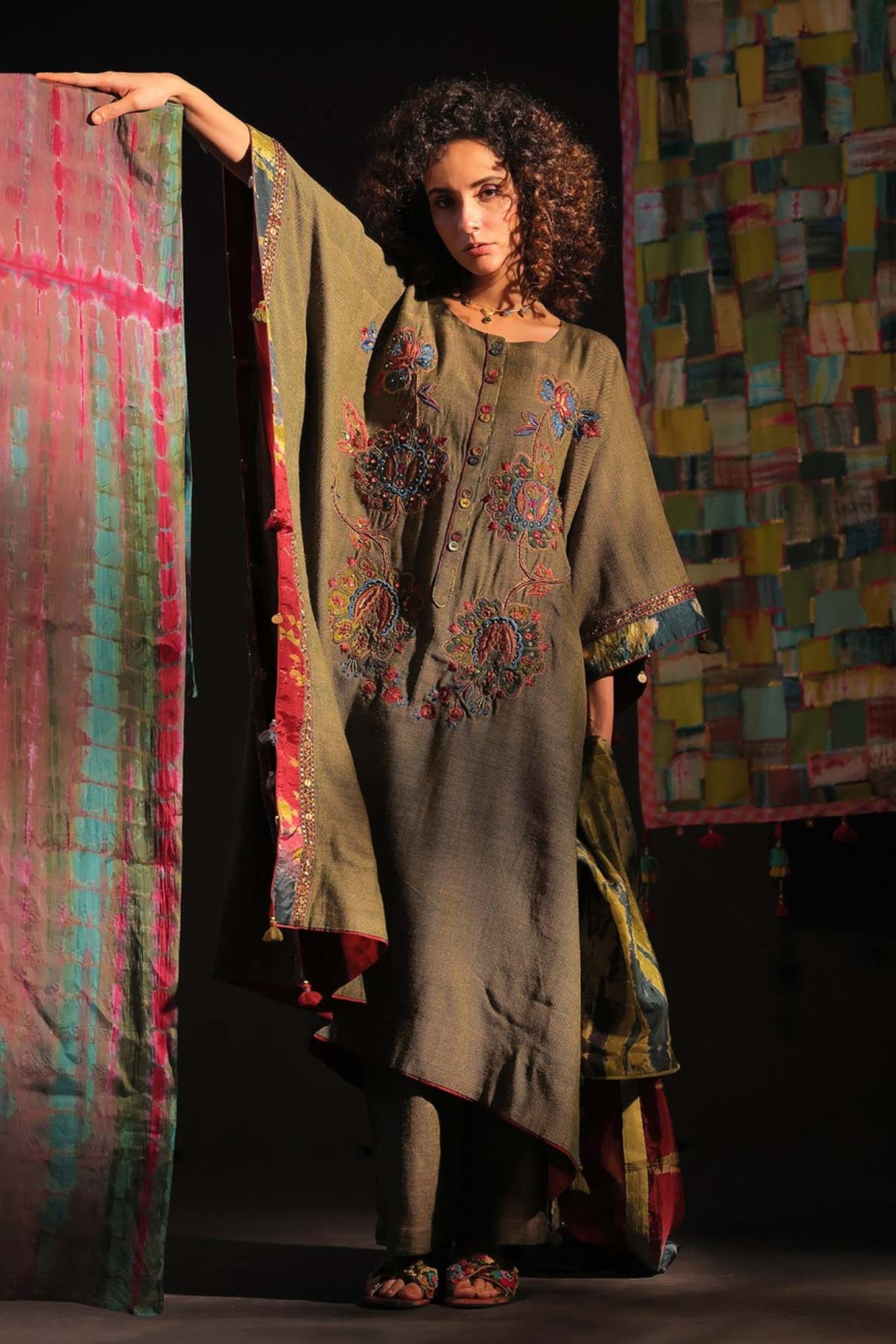 Feezah Wool Kaftan Shirt With Stole